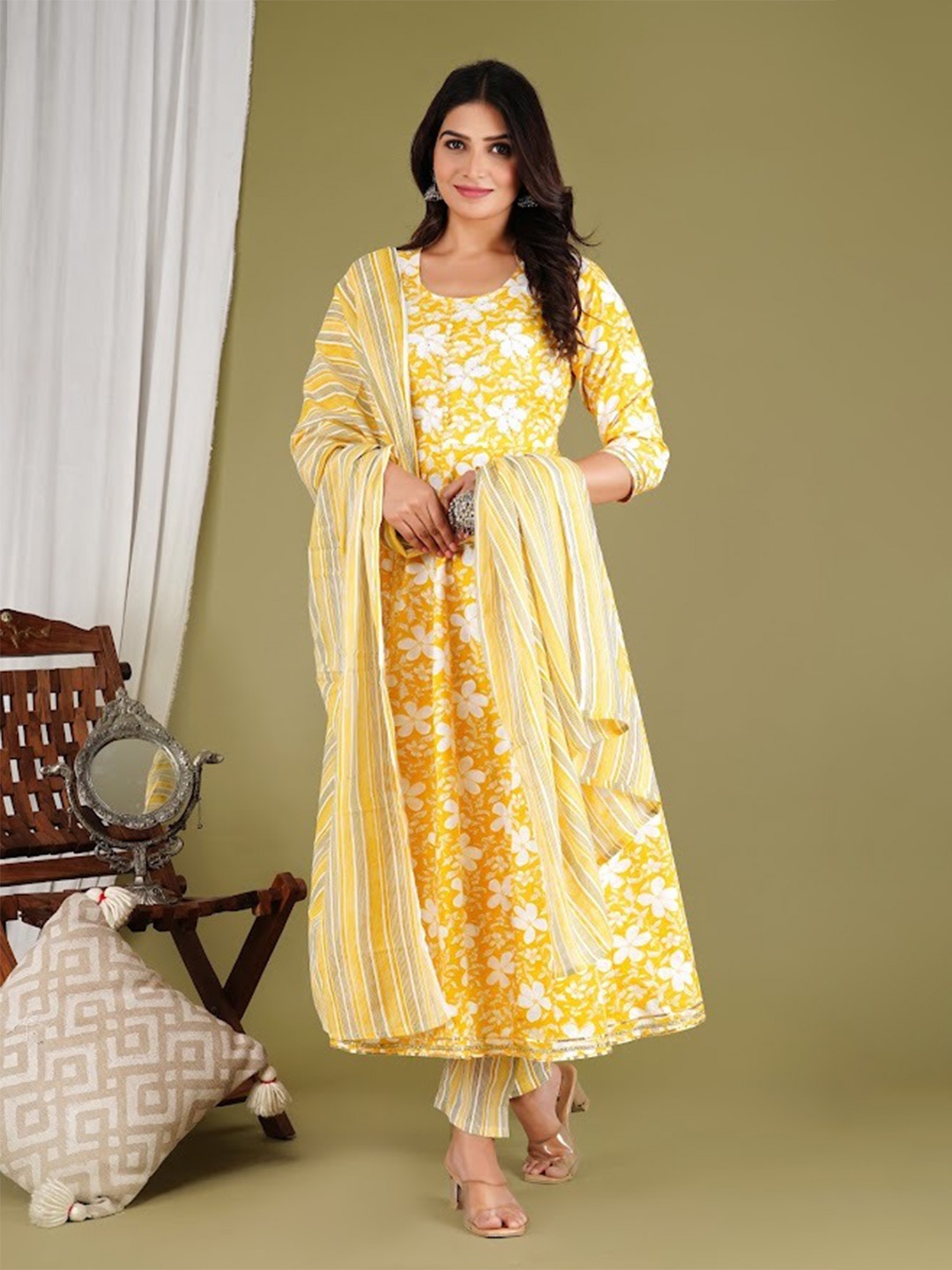

SUBHLAXMI FASHION Floral Printed Pure Cotton Sequinned Kurta with Pyjamas & Dupatta, Yellow