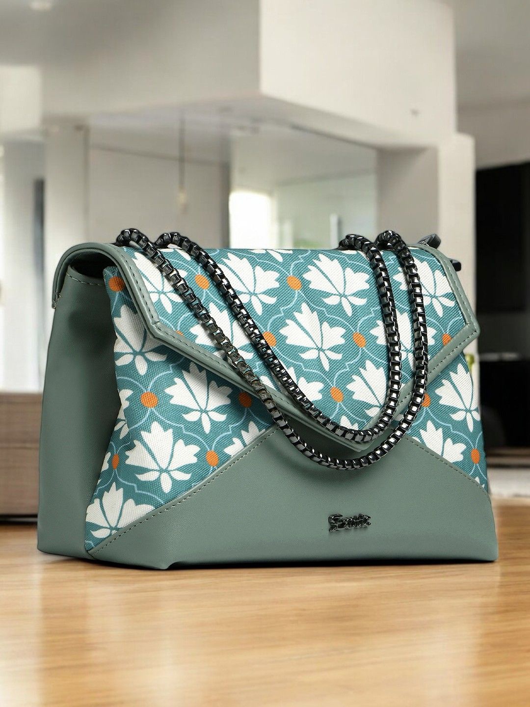 

Exotic Women Floral Printed Structured Leather Handheld Bag, Teal