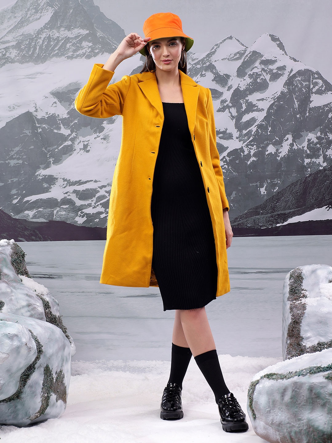 

Kotty Notched Lapel Single-Breasted Overcoat, Yellow