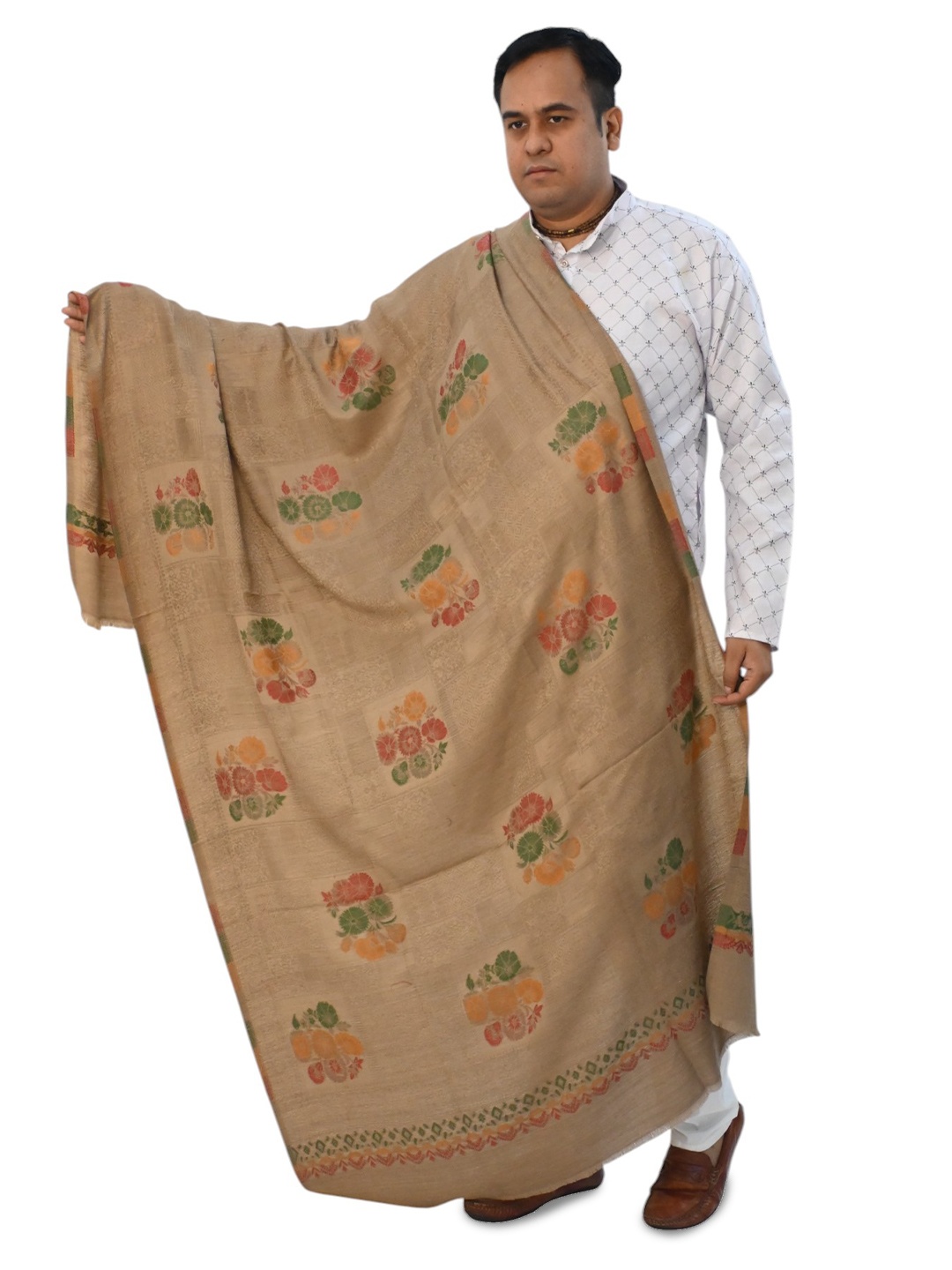 

Vrinde Floral Kashmiri Woven Design Woollen Shawl, Beige