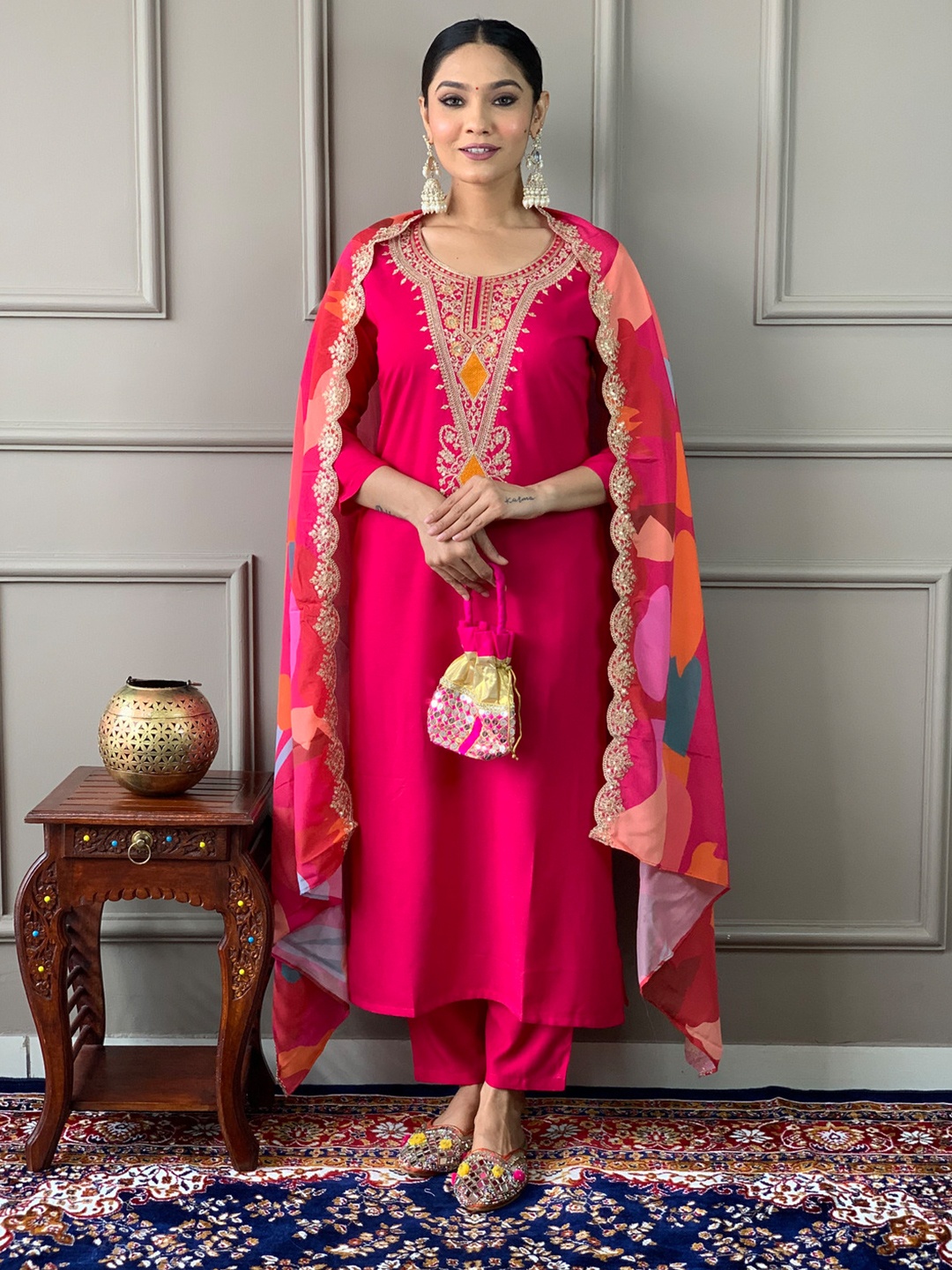 

SHIJILA Women Floral Embroidered Regular Kurta with Trousers & With Dupatta, Magenta