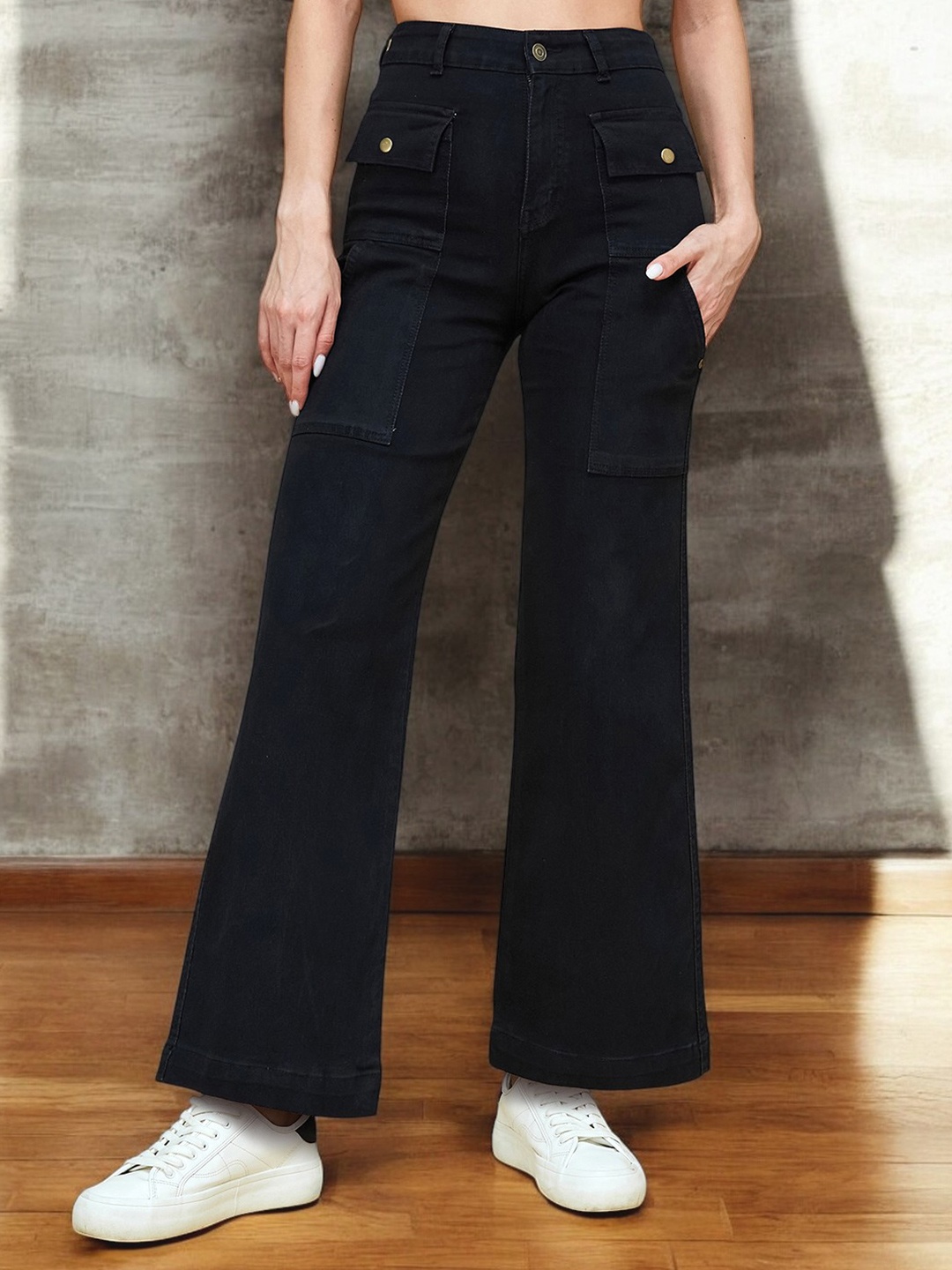 

DressBerry Women Flared High-Rise Stretchable Wide Leg Jeans, Black