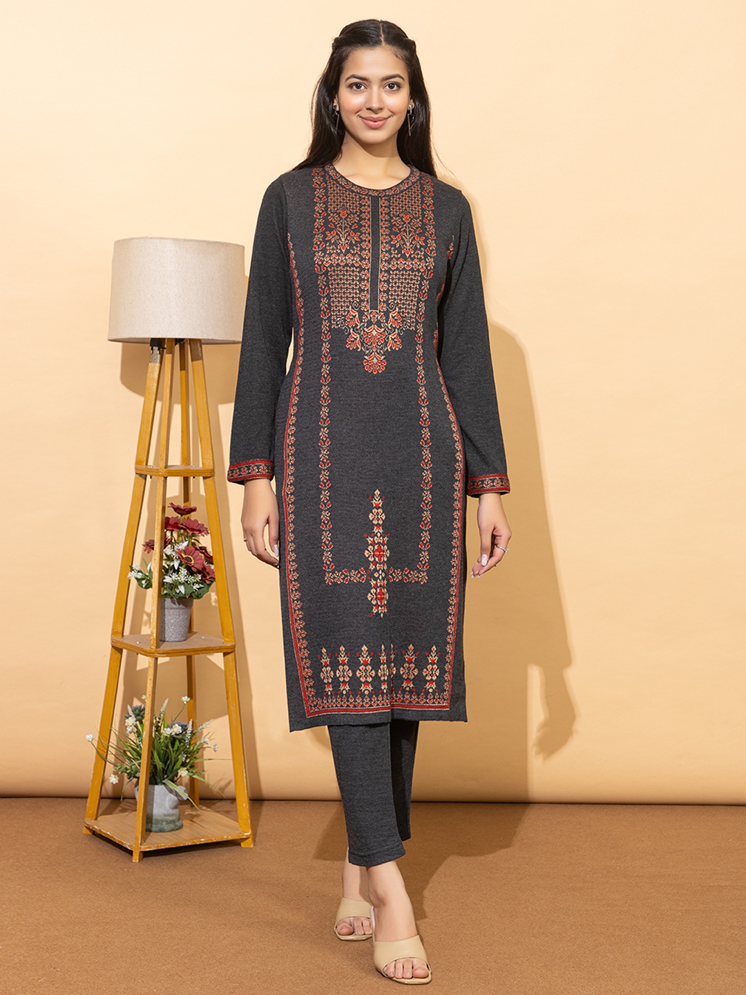 

Anouk Charcoal Floral Woven Design Round Neck Straight Kurta