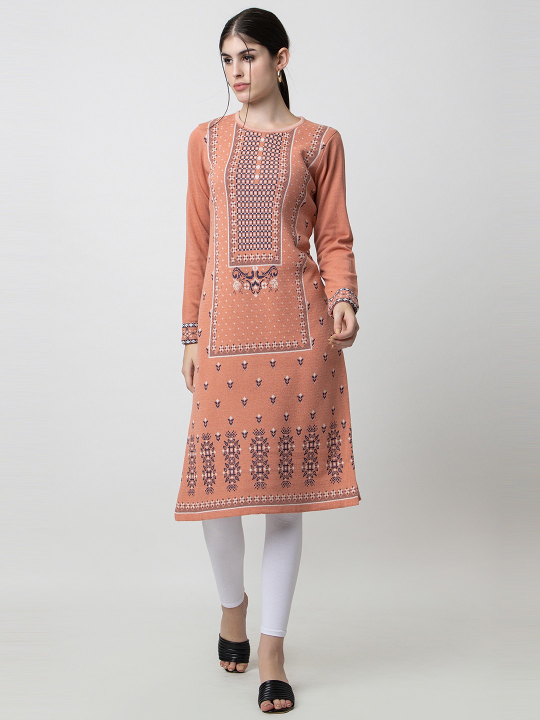 

Anouk Round Neck Floral Woven Design Acrylic Straight Kurta, Peach