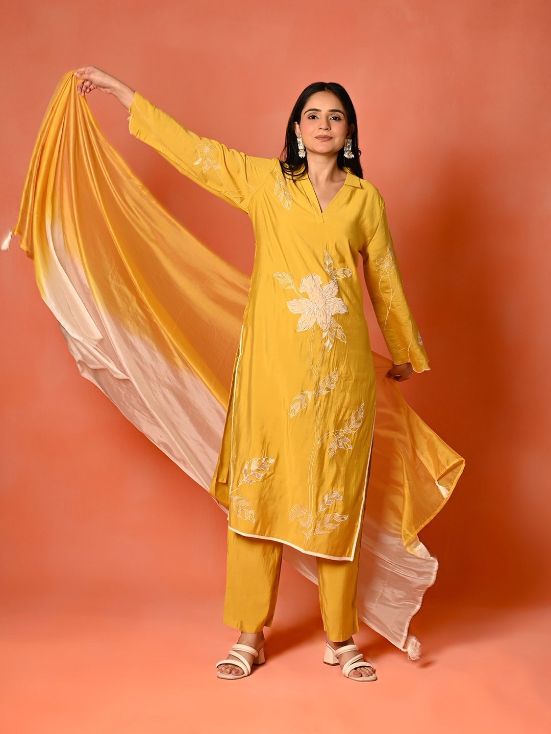 

ISHKIYA Floral Embroidered Straight Kurta With Trouser & Dupatta, Yellow