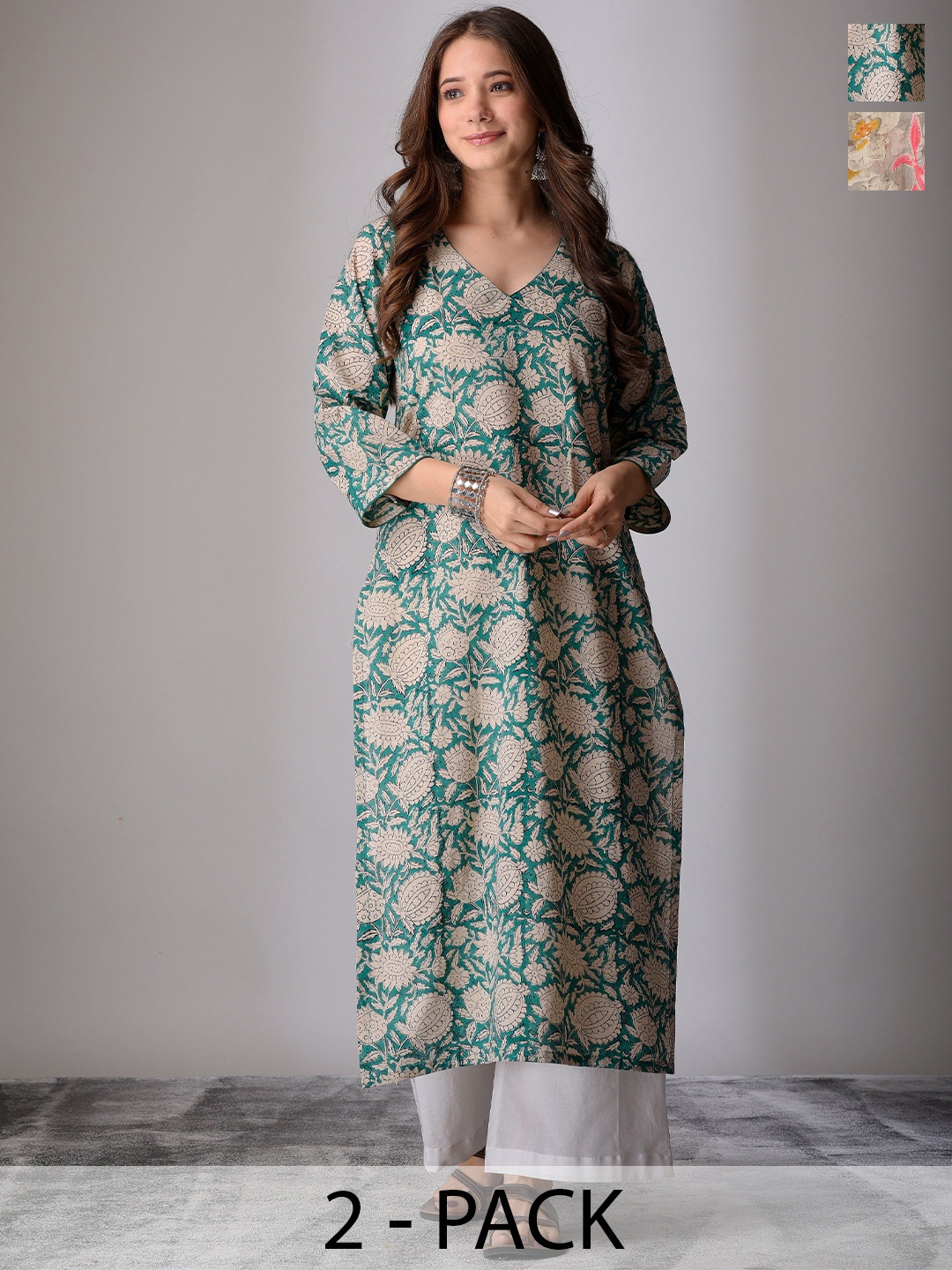 

DIMPLE DESIGN STUDIO Selection Of 2 Floral Digital Printed Pure Cotton Straight Kurtas, Grey