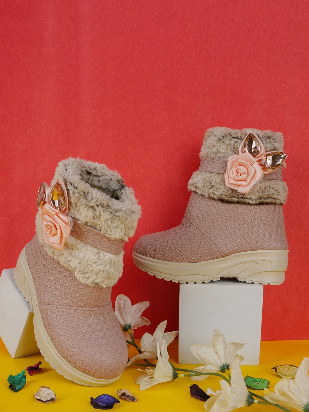 

BAESD Girls Embellished Faux Fur Side Zip High Angel Winter Boots, Pink