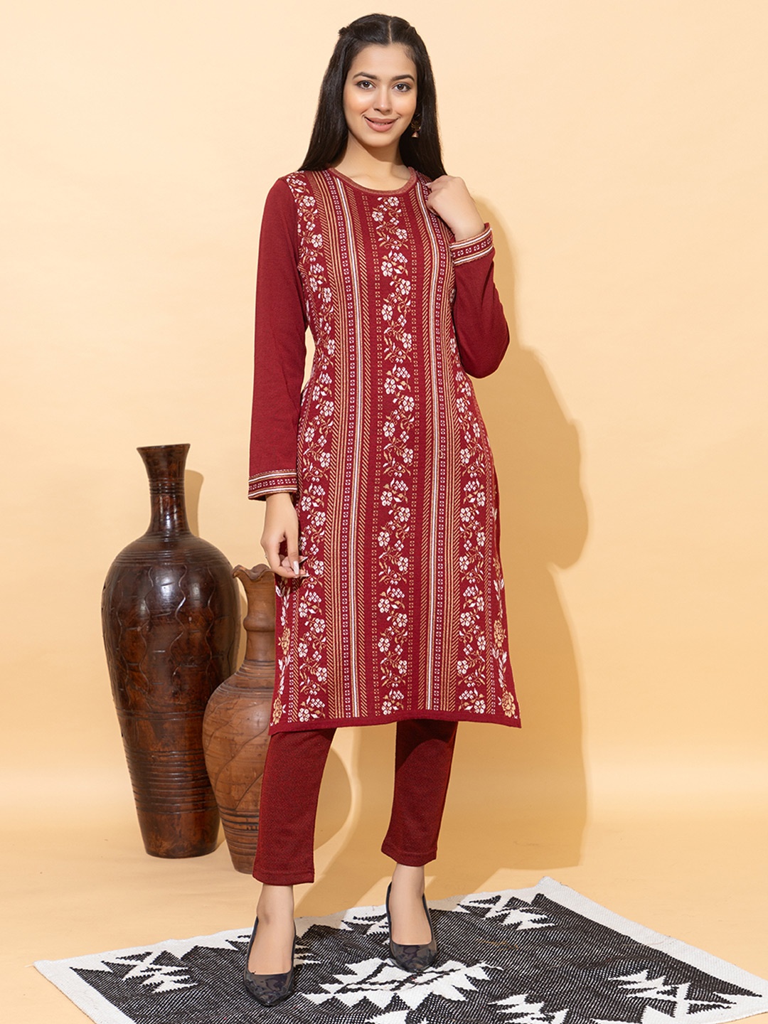 

Anouk Maroon Floral Woven Design Round Neck Long Sleeves Regular Straight Kurta