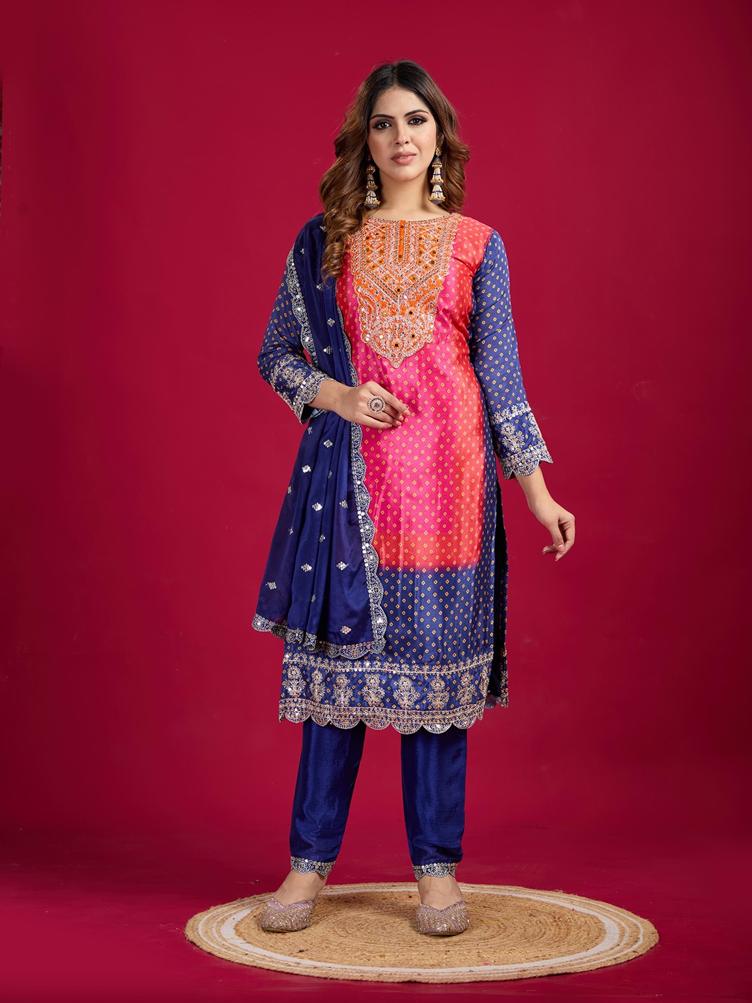 

KALINI Women Bandhani Embroidered Regular Sequinned Kurti with Pyjamas & With Dupatta, Navy blue