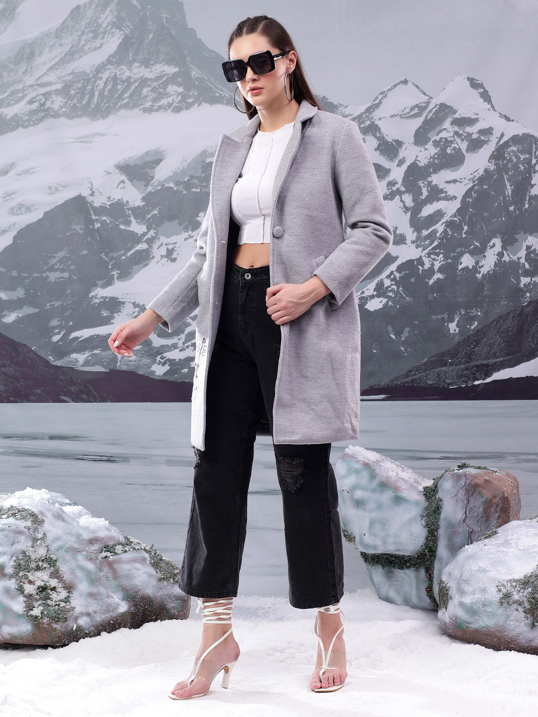 

Kotty Women Notched Lapel Cotton Single-Breasted Overcoat, Grey