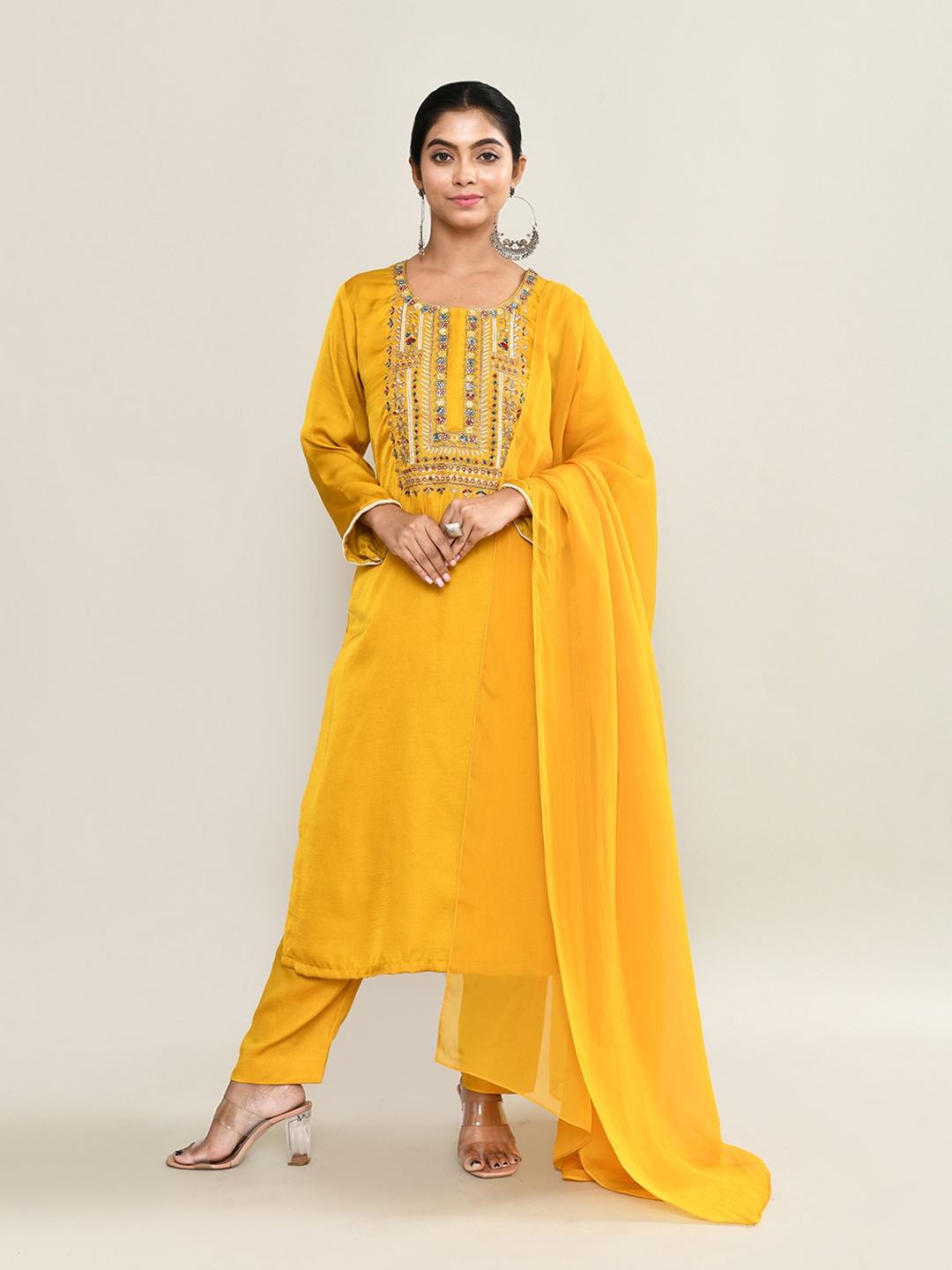 

The Maple Women Yoke Design Regular Mirror Work Kurta with Trousers & With Dupatta, Yellow