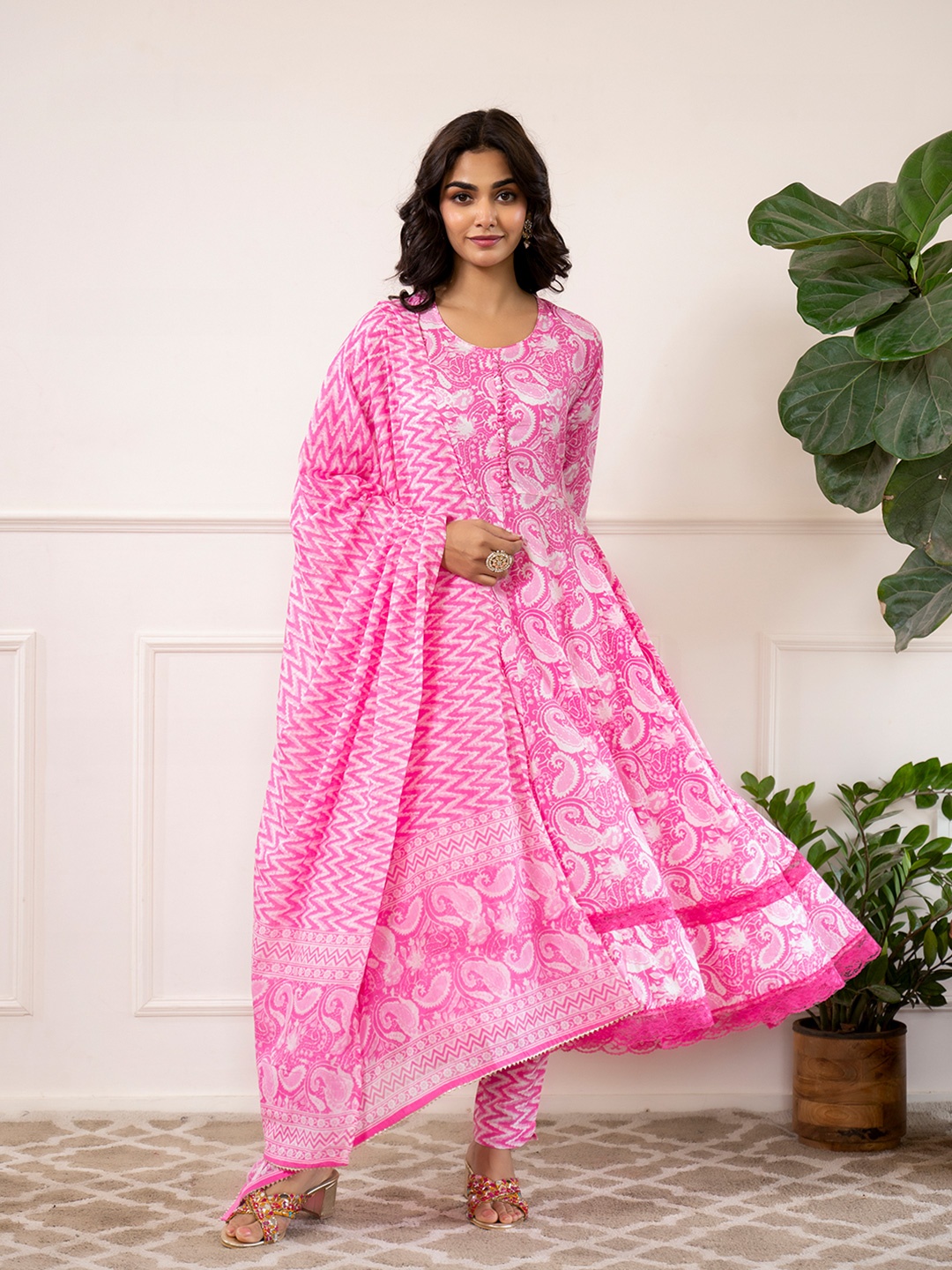 

Divena Floral Printed Regular Pure Cotton Anarkali Kurta with Trousers & Dupatta, Pink