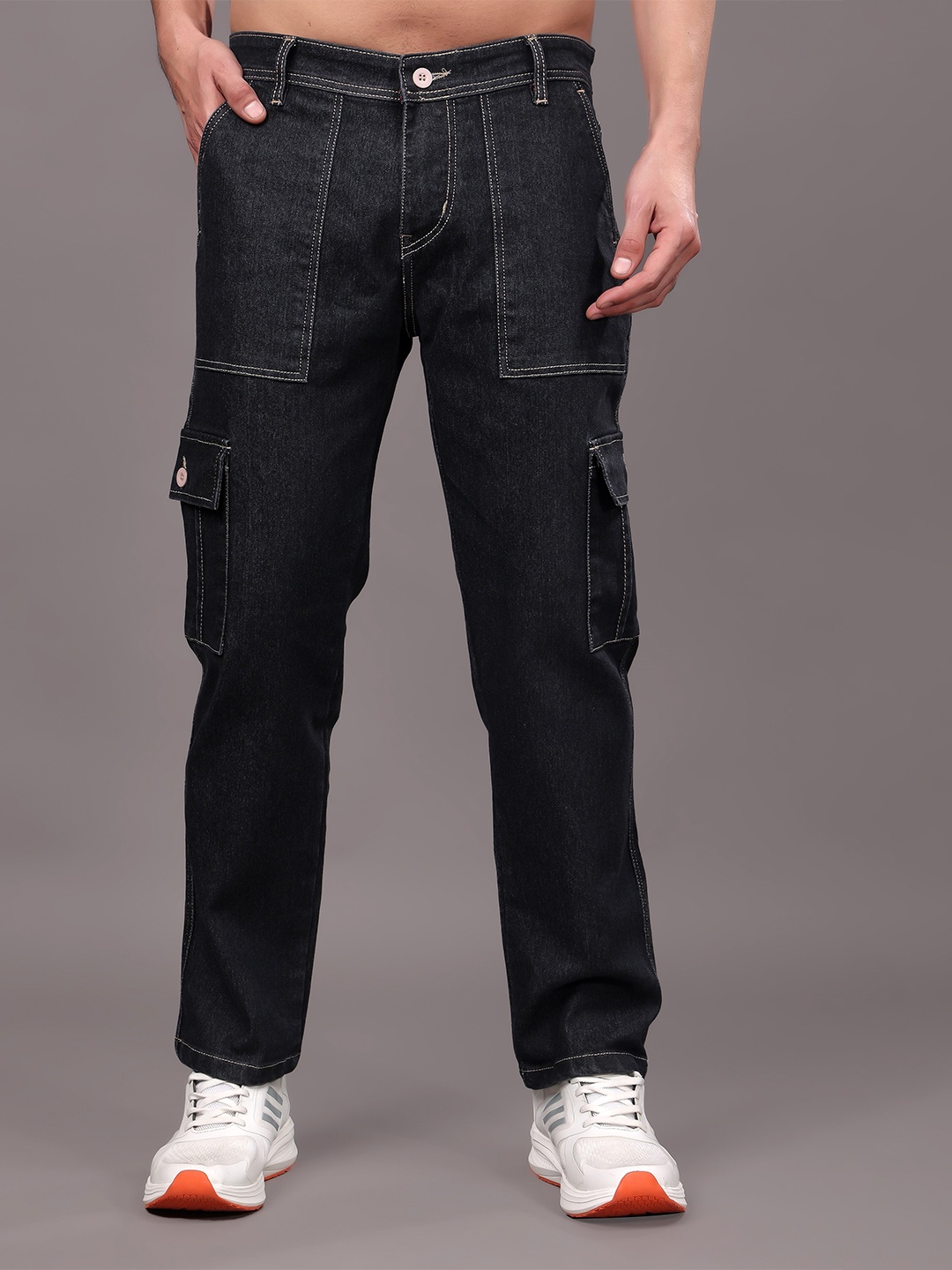 

ZAYSH Men Regular Fit Mid-Rise Stretchable Cargo Jeans, Black