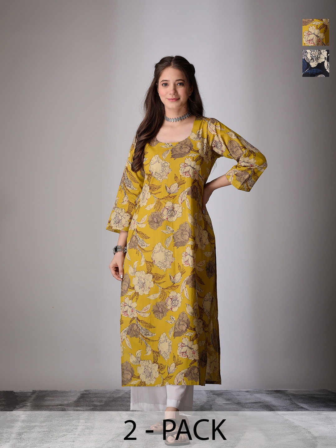 

DIMPLE DESIGN STUDIO Selection Of 2 Floral Printed Round Neck Cotton Straight Kurta, Yellow