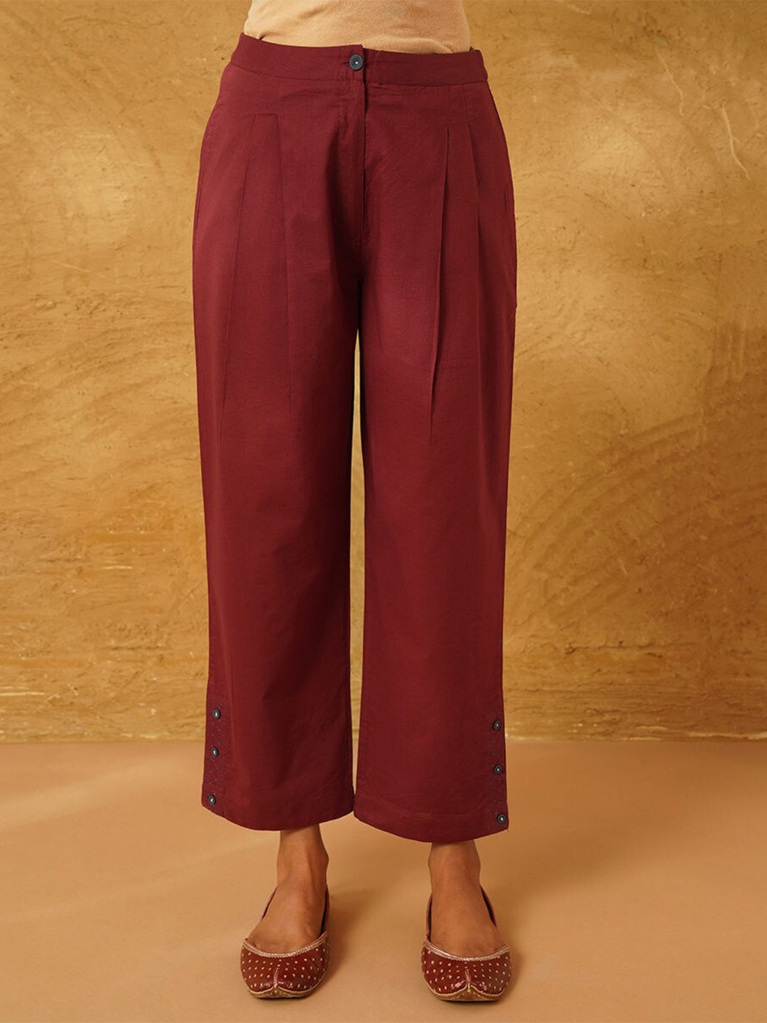

JAYPORE Women Pure Cotton Relaxed Regular Trousers, Maroon
