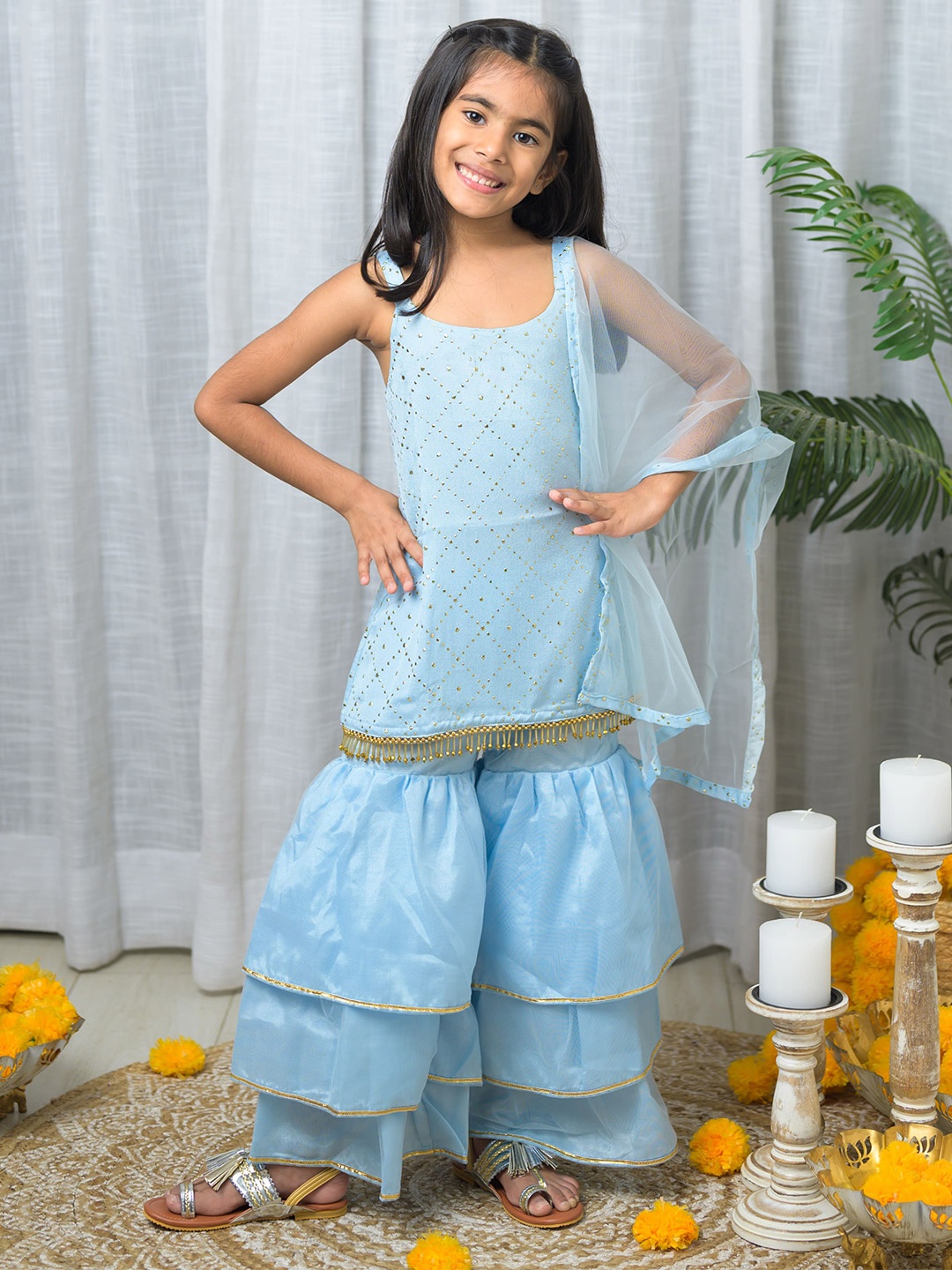 

Fairies Forever Girls Embroidered Kurta with Sharara & With Dupatta, Blue