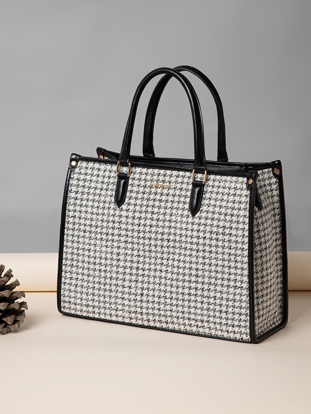 

Berrylush Checked Structured Tote Bag with, White