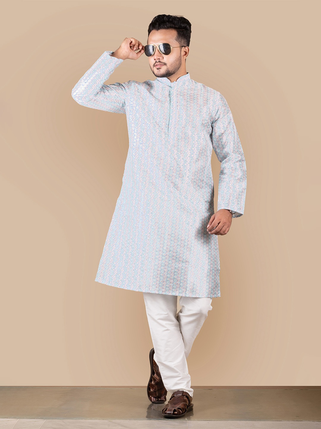 

HERE&NOW Geometric Printed Thread Work Mandarin Collar Straight Kurta with Pyjamas, Blue