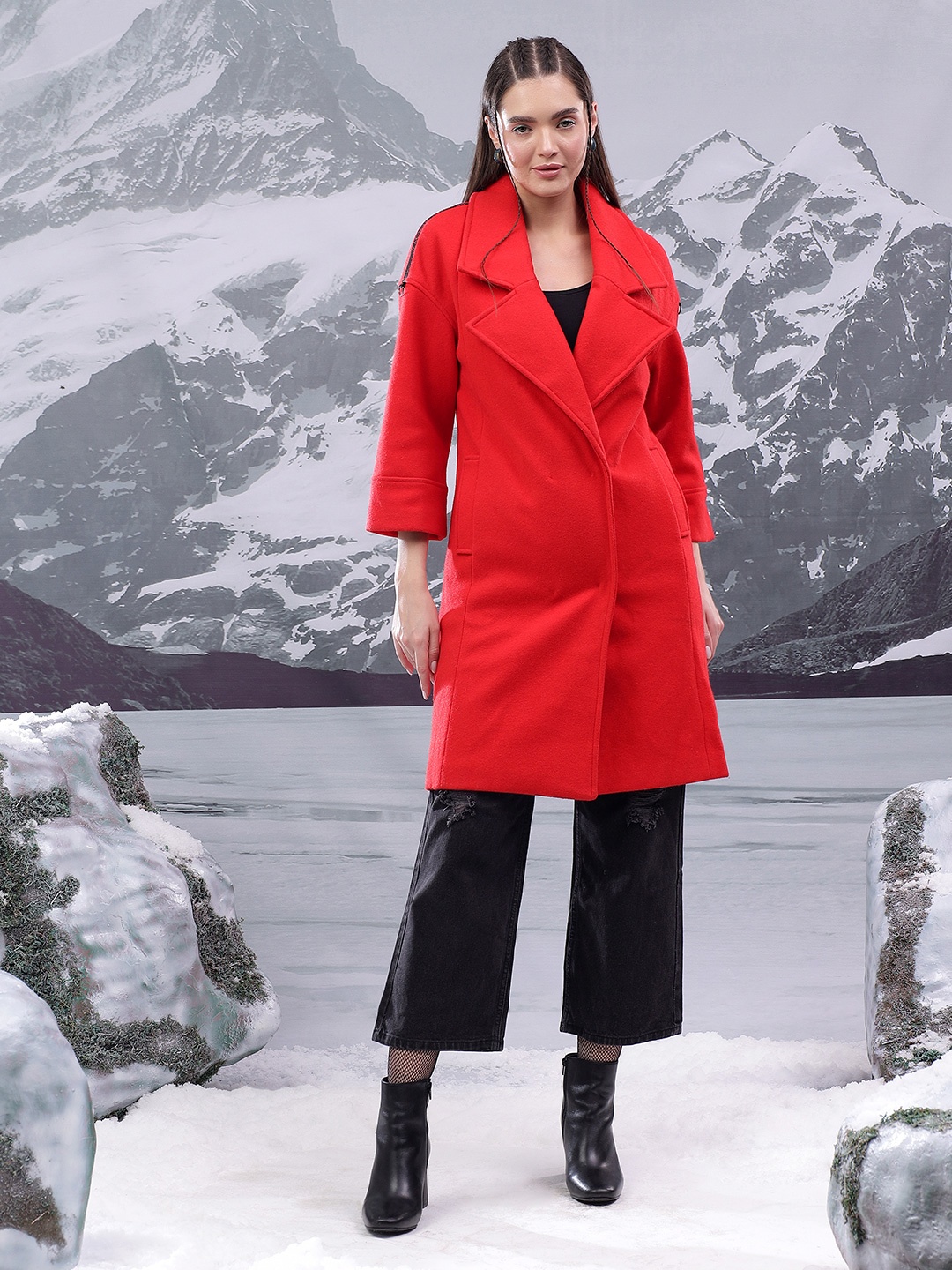 

Kotty Women Cotton Notched Lapel Single-Breasted Overcoat, Red