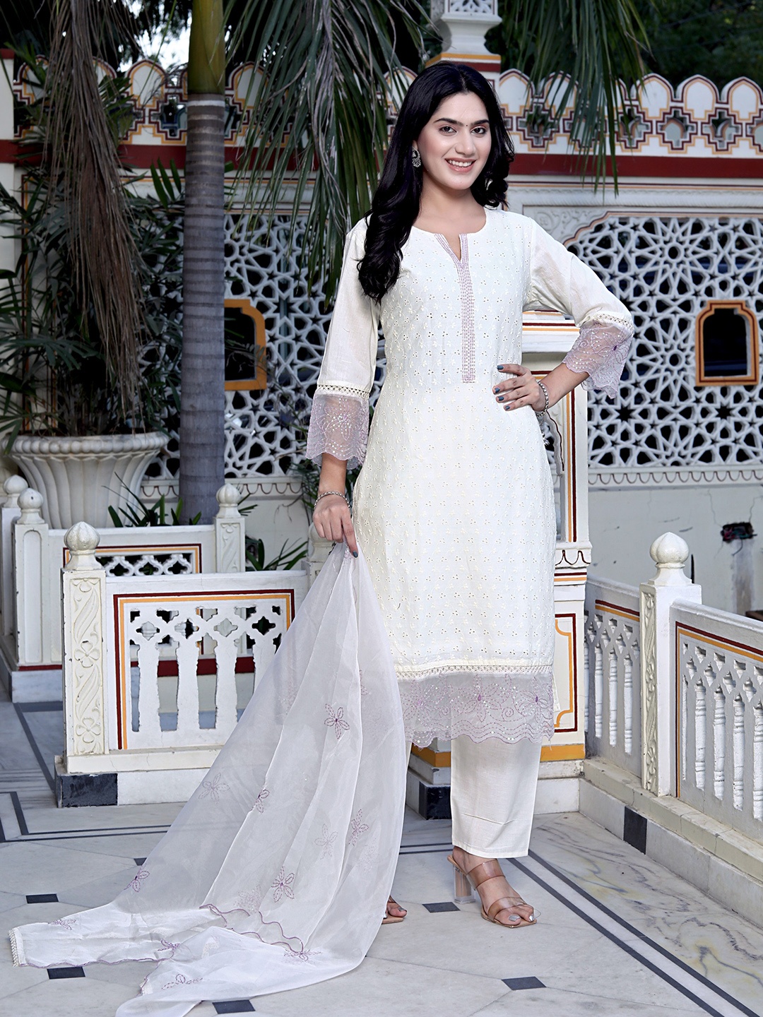 

KALINI Women Floral Embroidered Regular Pure Cotton Kurta with Trousers & With Dupatta, White