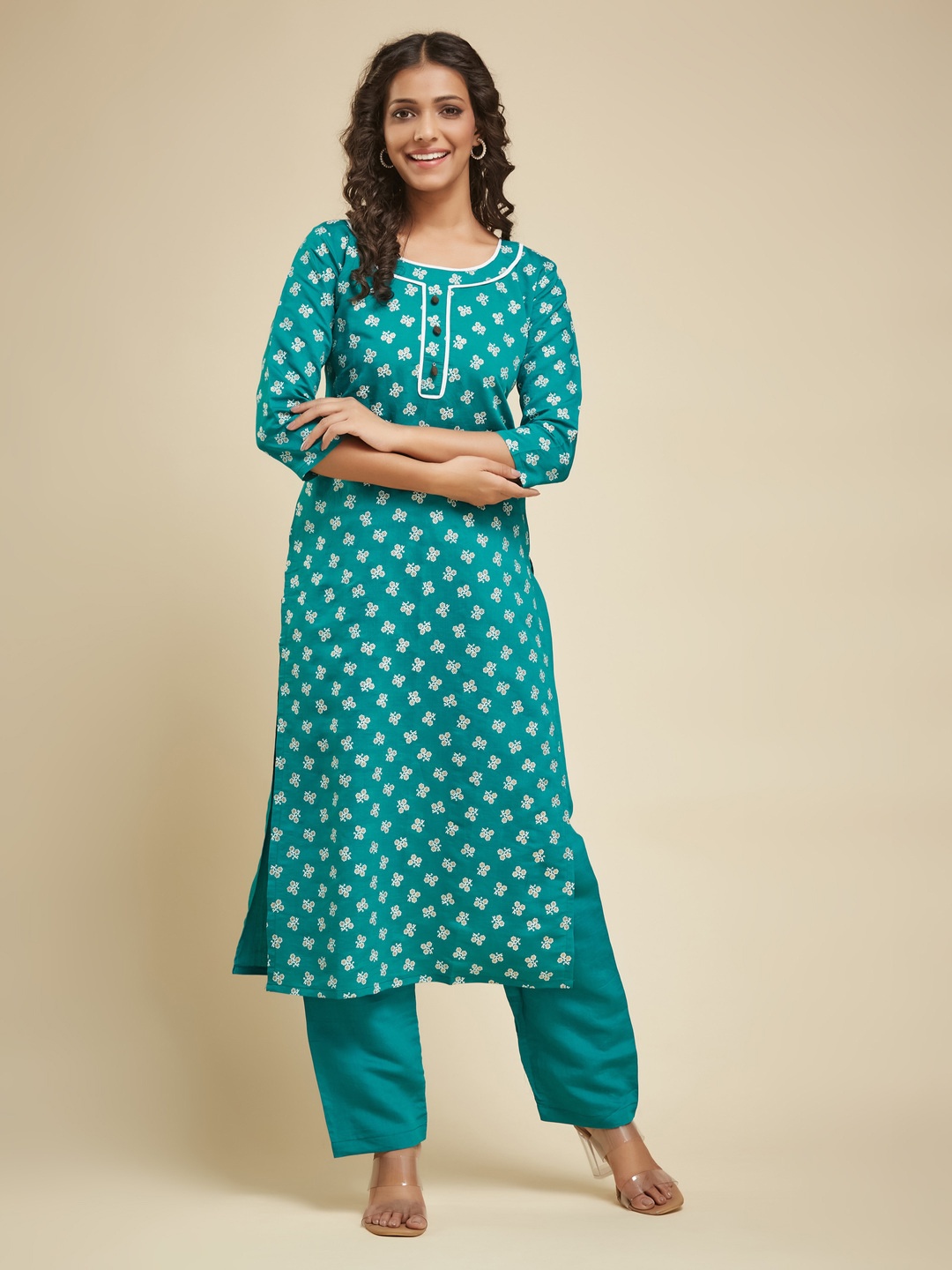 

KALINI Floral Printed Kurta with Trouser, Turquoise blue