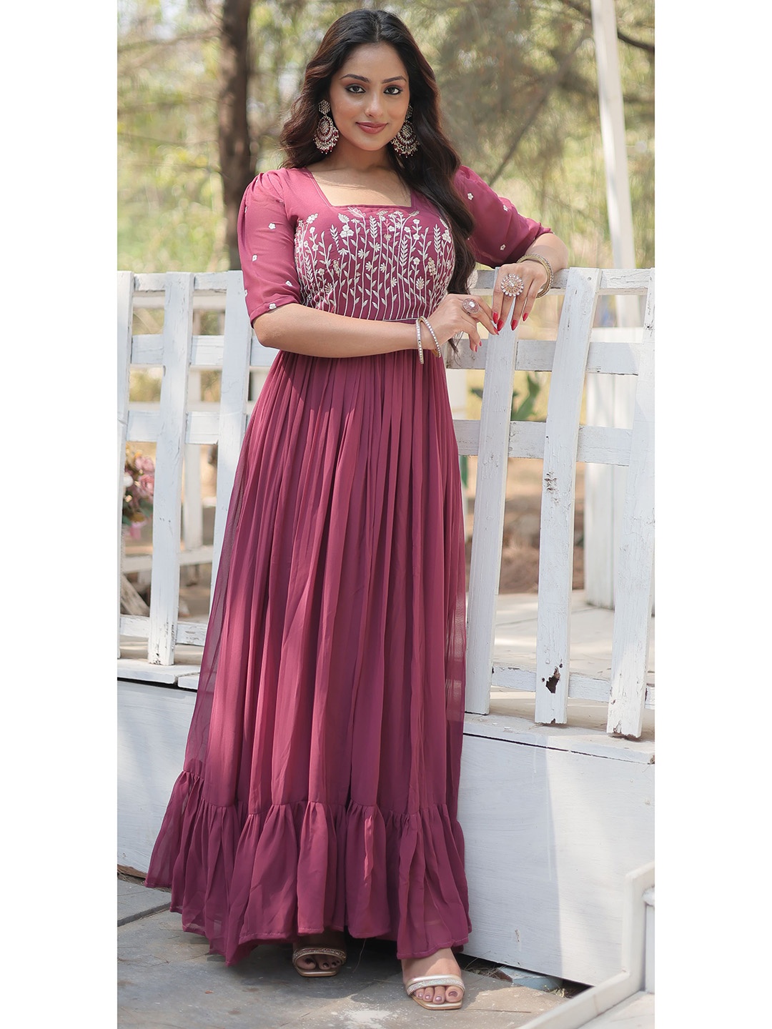 

Ethnic Yard Georgette Embroidered Gathered Maxi Dress, Mauve