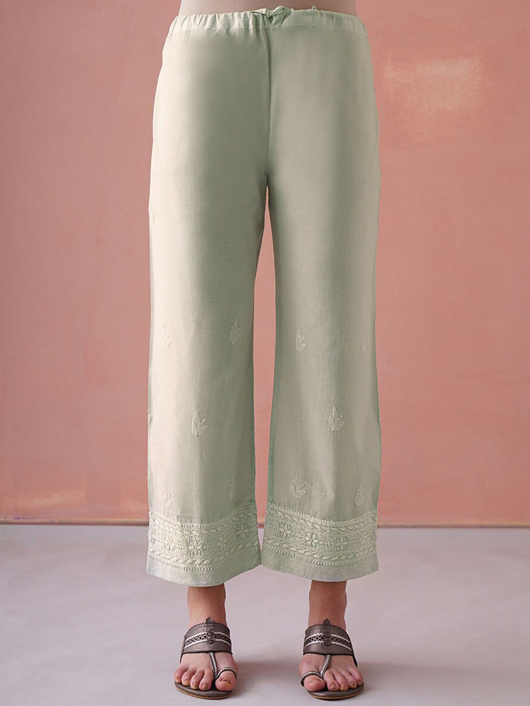 

JAYPORE Women Relaxed Chikankari Embroidered Pure Cotton Trouser, Green
