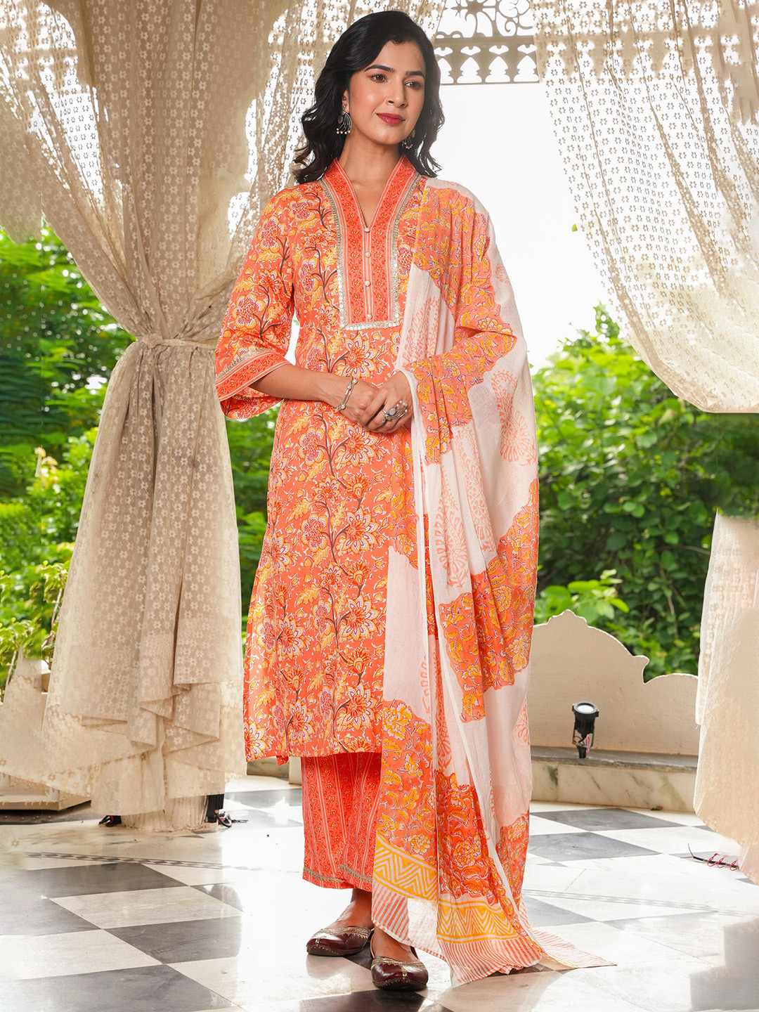 

Aramya Floral Printed V-Neck Pure Cotton Straight Kurta With Trousers & Dupatta, Orange