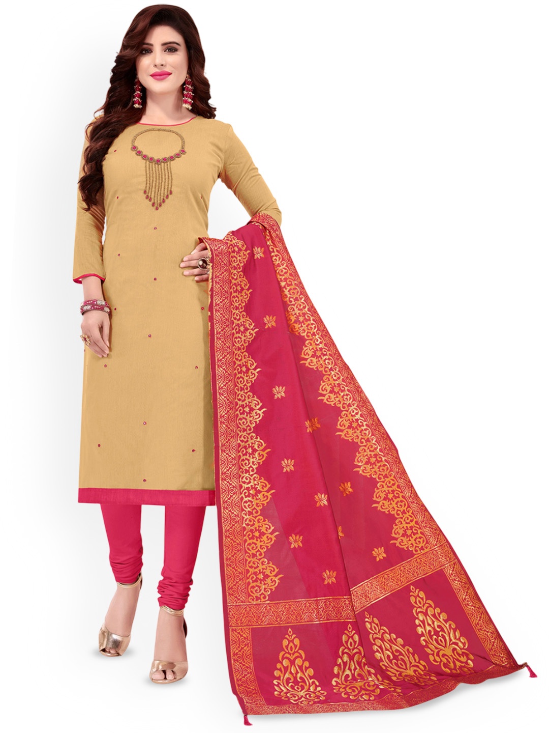 

Maroosh Embroidered Embellished Unstitched Dress Material, Beige