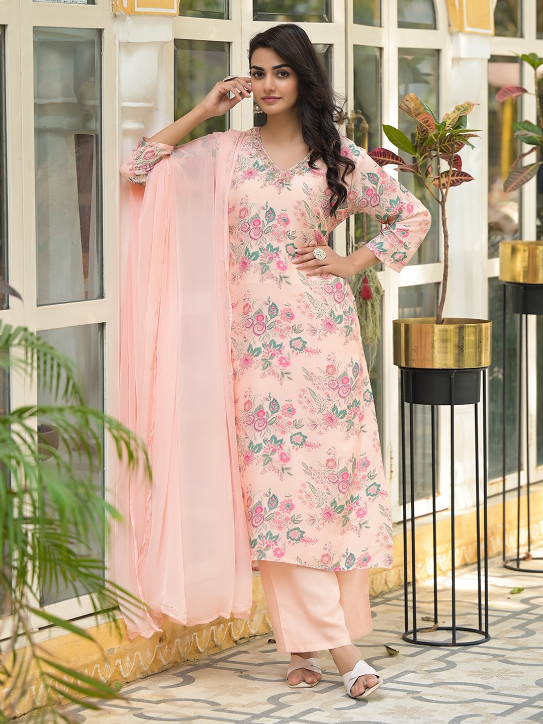 

Divena Floral Printed Regular Straight Kurta with Trousers & Dupatta, Peach