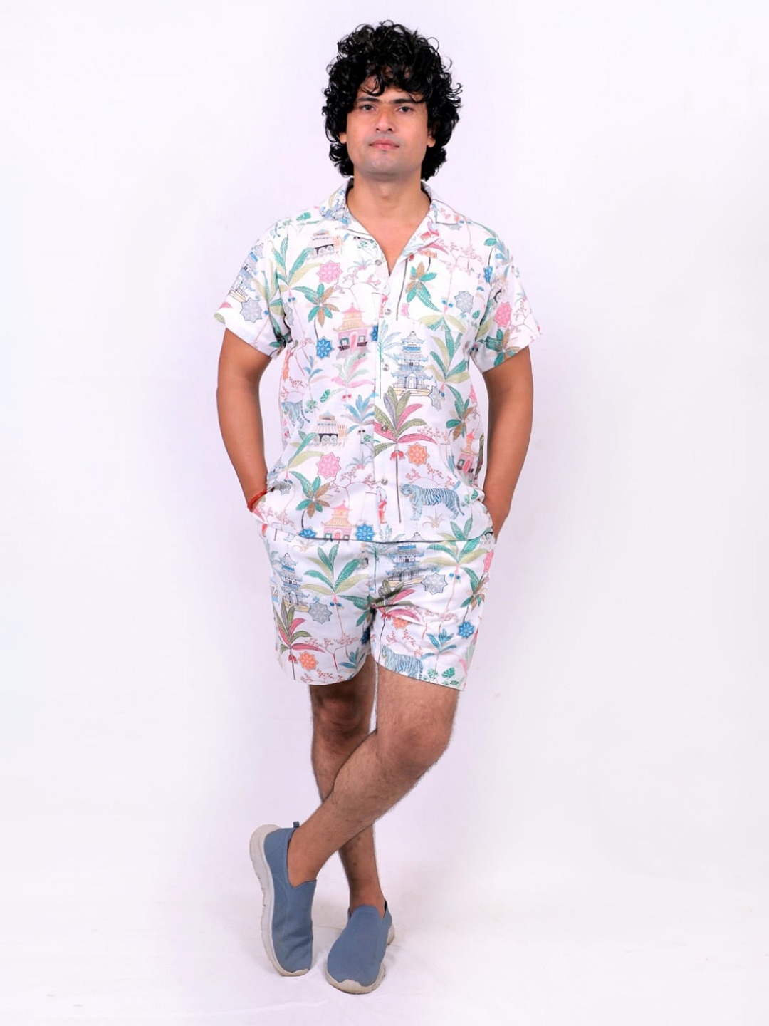 

TILISM Printed Pure Cotton Shirt With Shorts, Off white