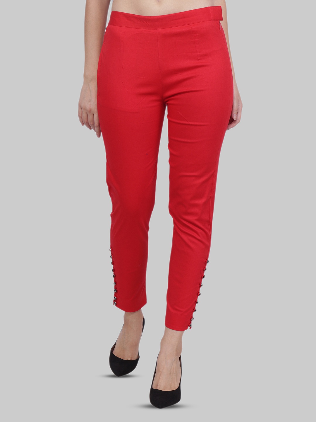 

Popwings Women Cotton Regular Fit Smart Cropped Trousers, Red