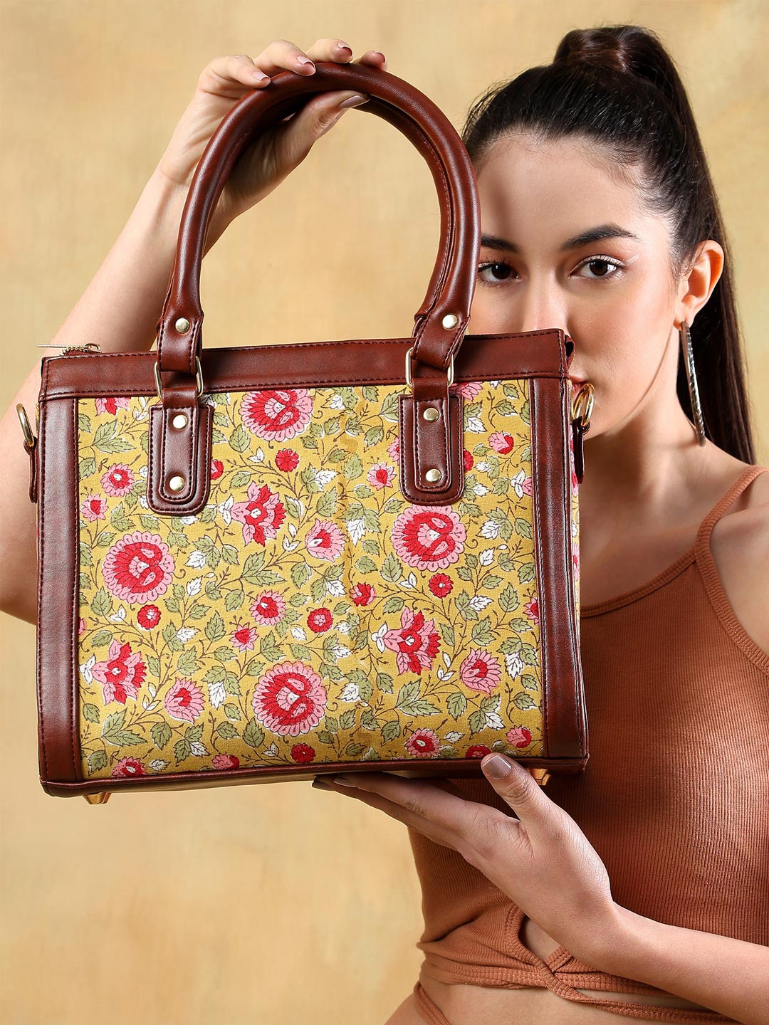 

Block N Style Women Floral Printed Structured Cotton Handheld Bag, Brown