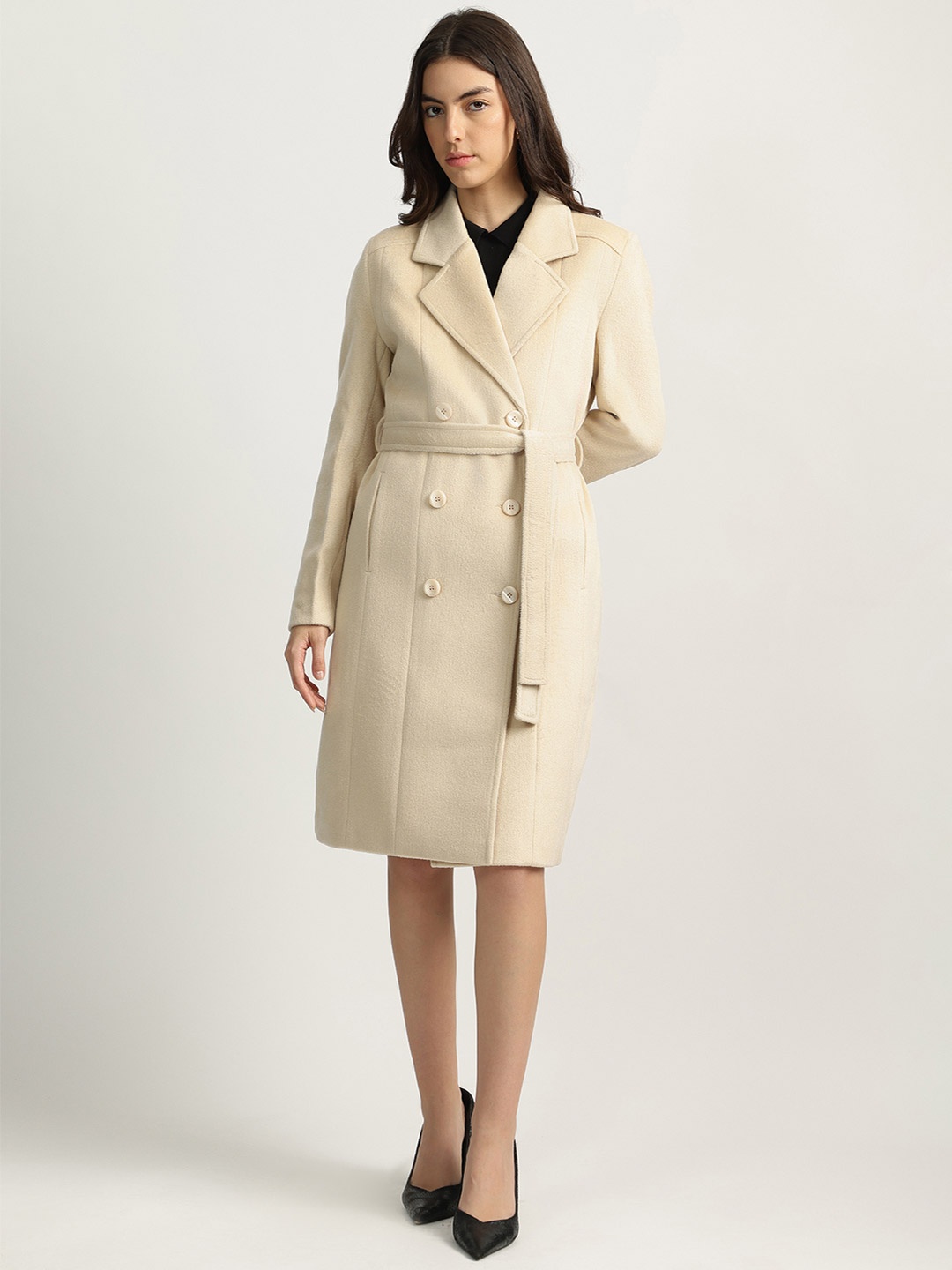 

Iconic Notched Collar Full Sleeves Double Breasted Overcoat, Beige