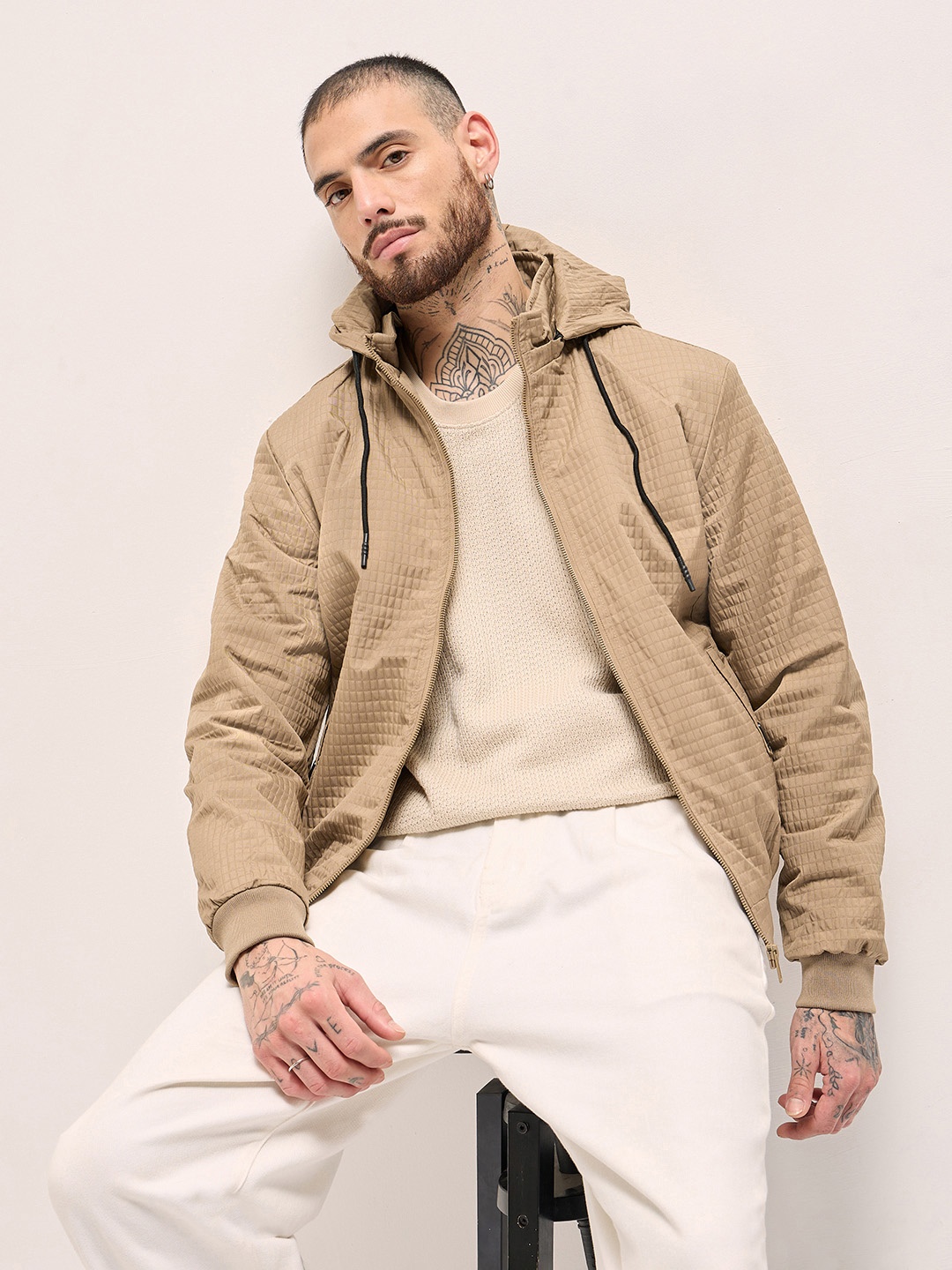 

THE BEAR HOUSE Men Hooded Self Design Casual Bomber Jacket, Beige