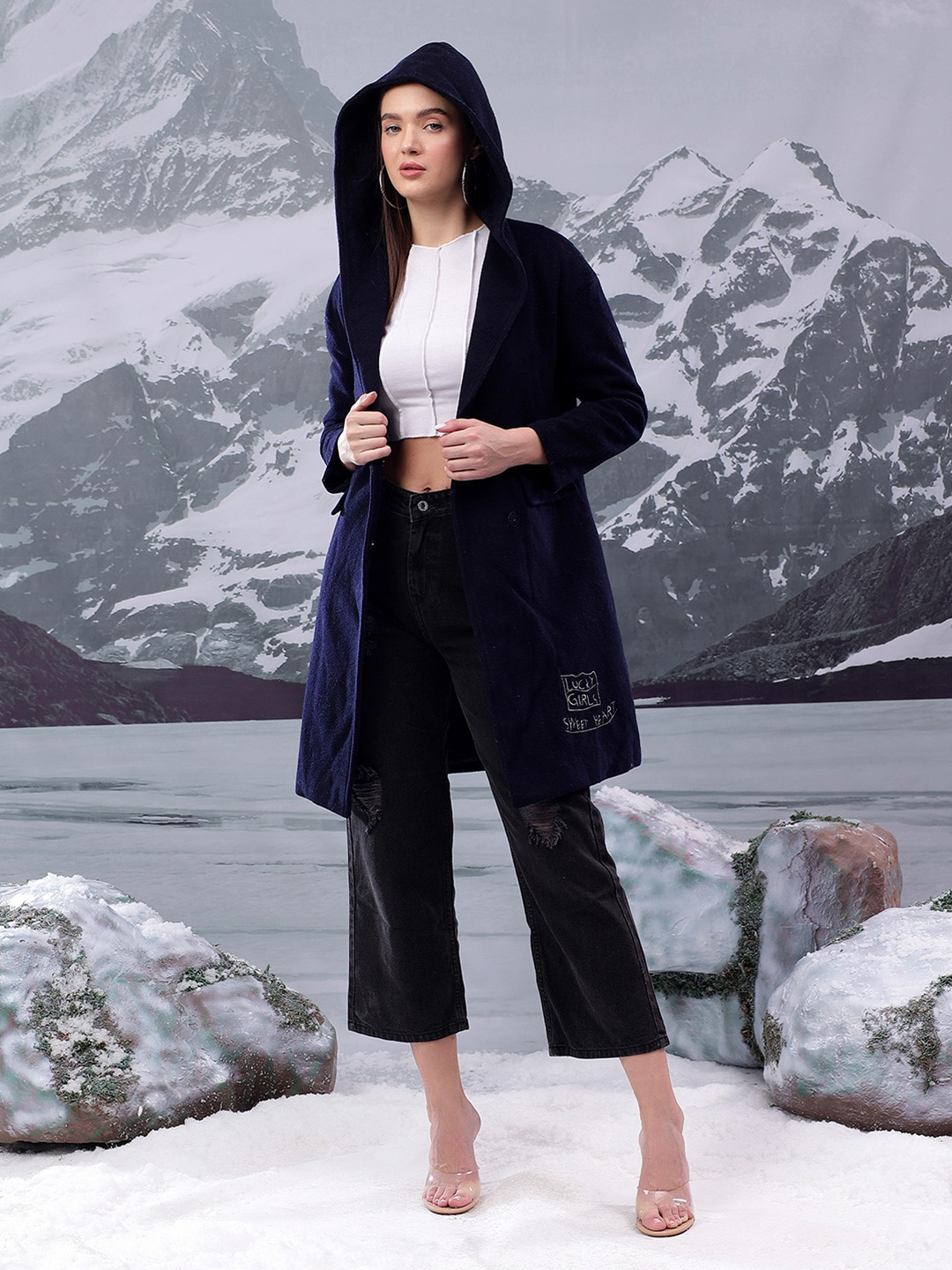 

Kotty Women Shawl Collar Hooded Overcoat, Navy blue