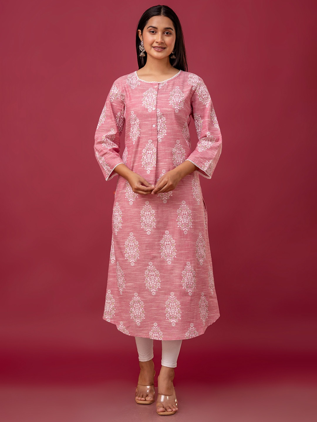 

VASVI Floral Printed Round Neck Cotton A-Line Kurta, Pink