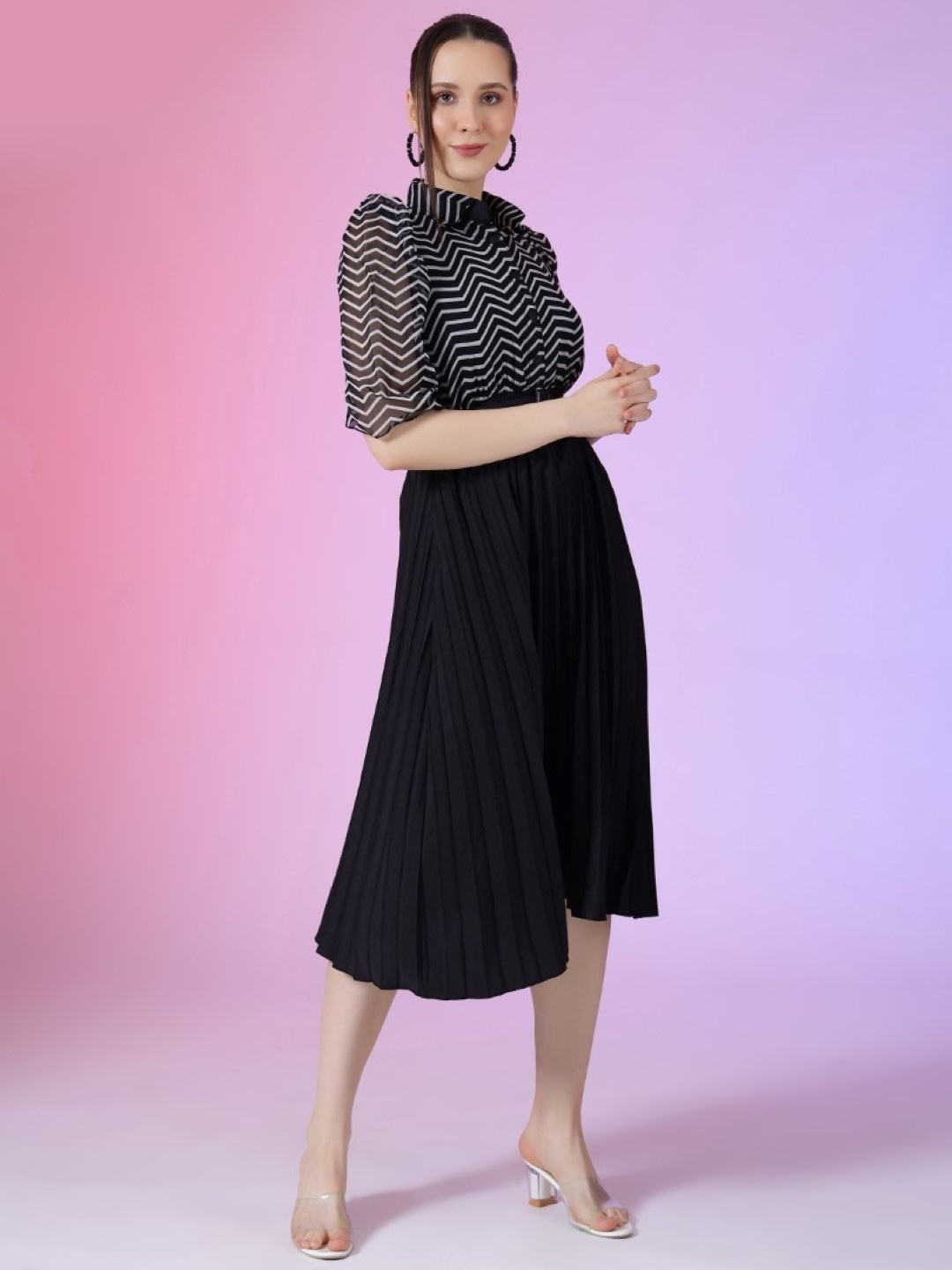 

Raiyani Enterprise Women Striped Fit & Flare Knee Length Dress, Black
