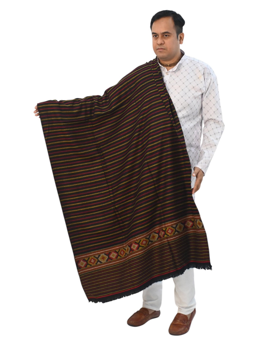 

Vrinde Kashmiri Striped Printed Woollen Shawl, Black