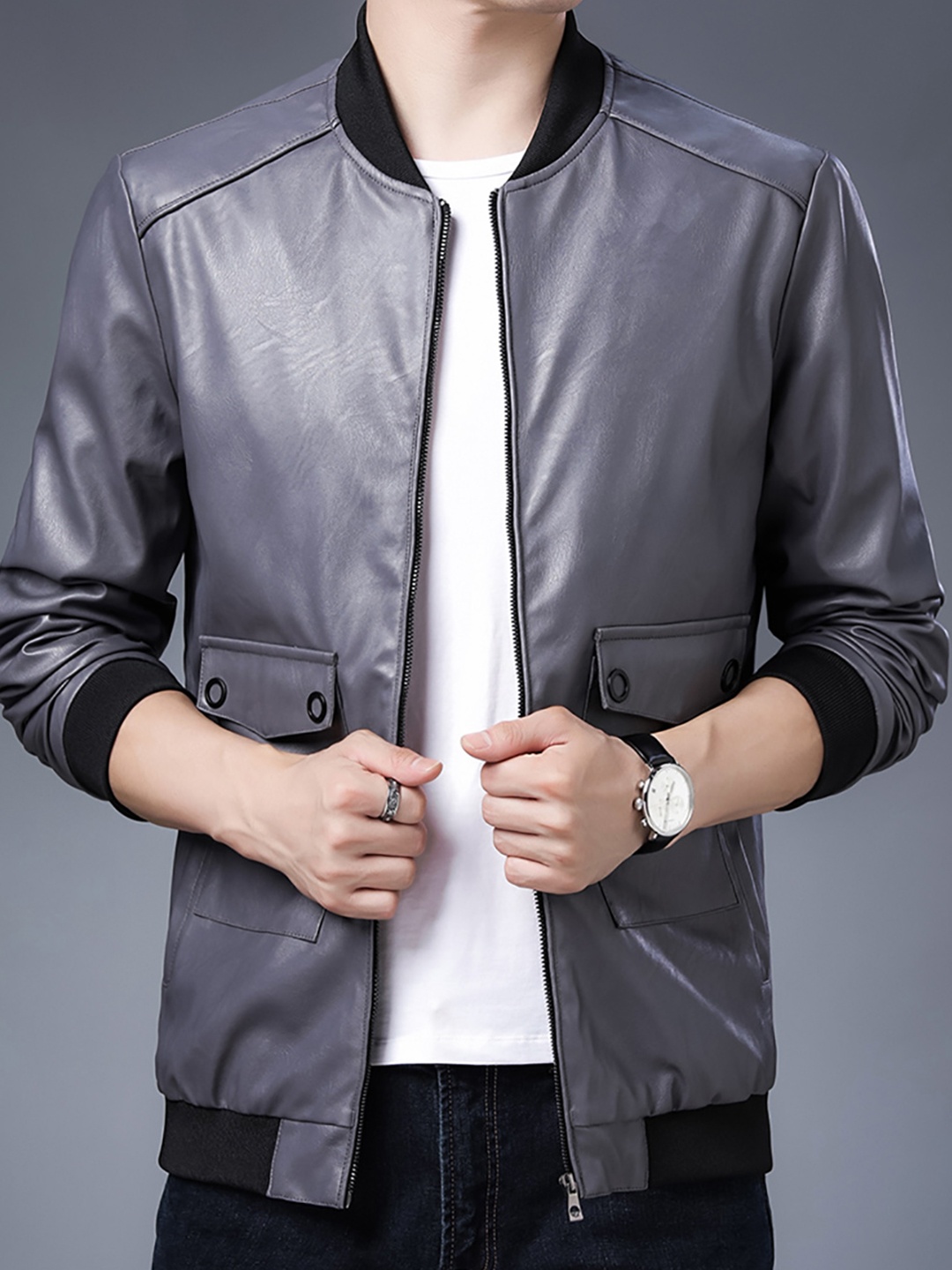 

StyleCast x Revolte Men Stand Collar Solid Casual Leather Jacket, Grey