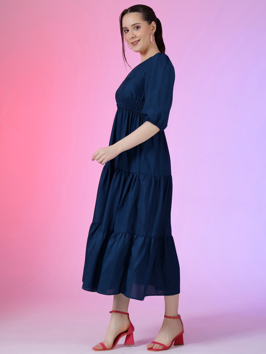 

Krunal Raiyani Women Tiered Fit & Flare Midi Dress, Blue