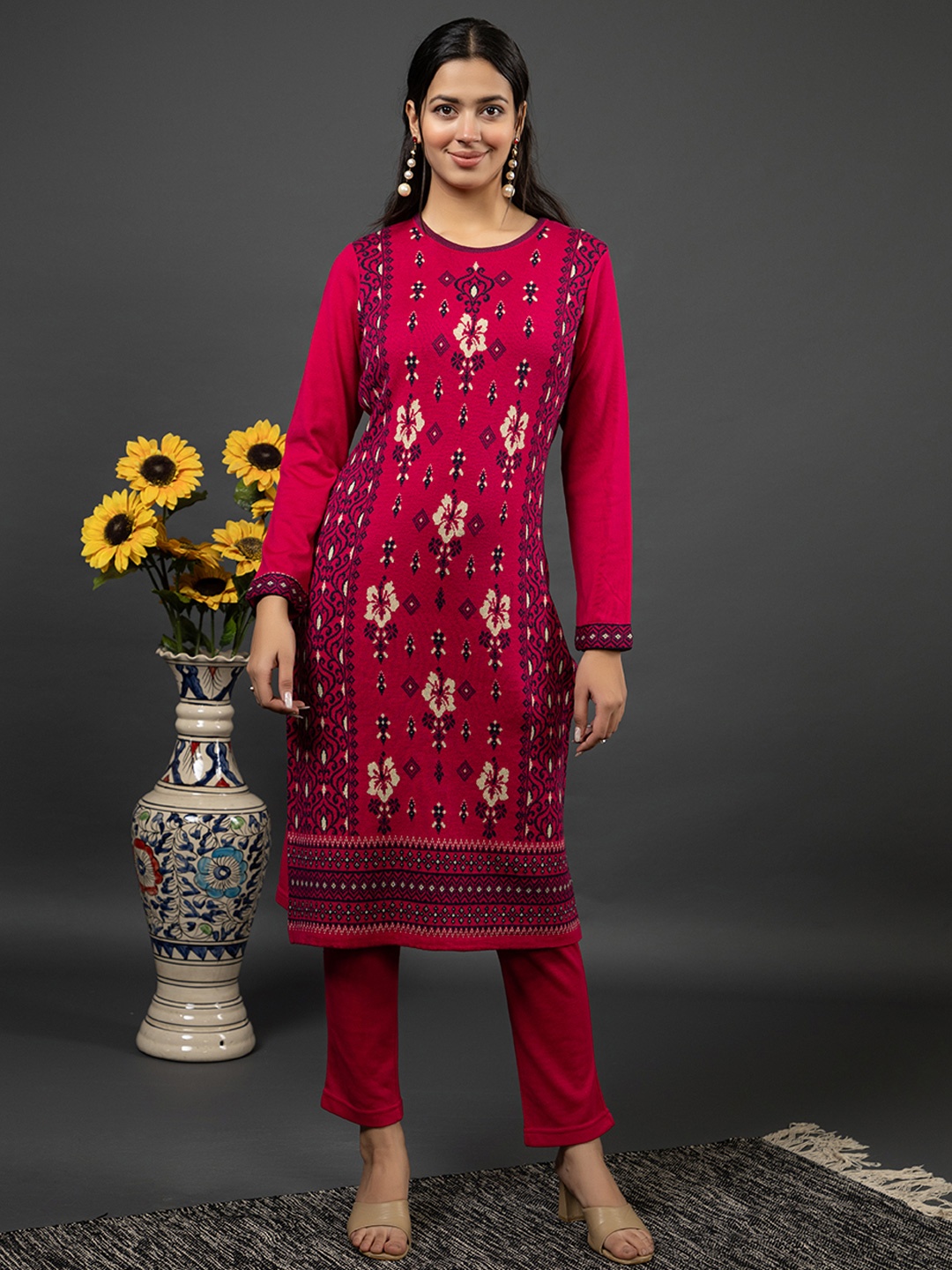 

Anouk Pink Floral Woven Design Round Neck Long Sleeves Regular Straight Kurta
