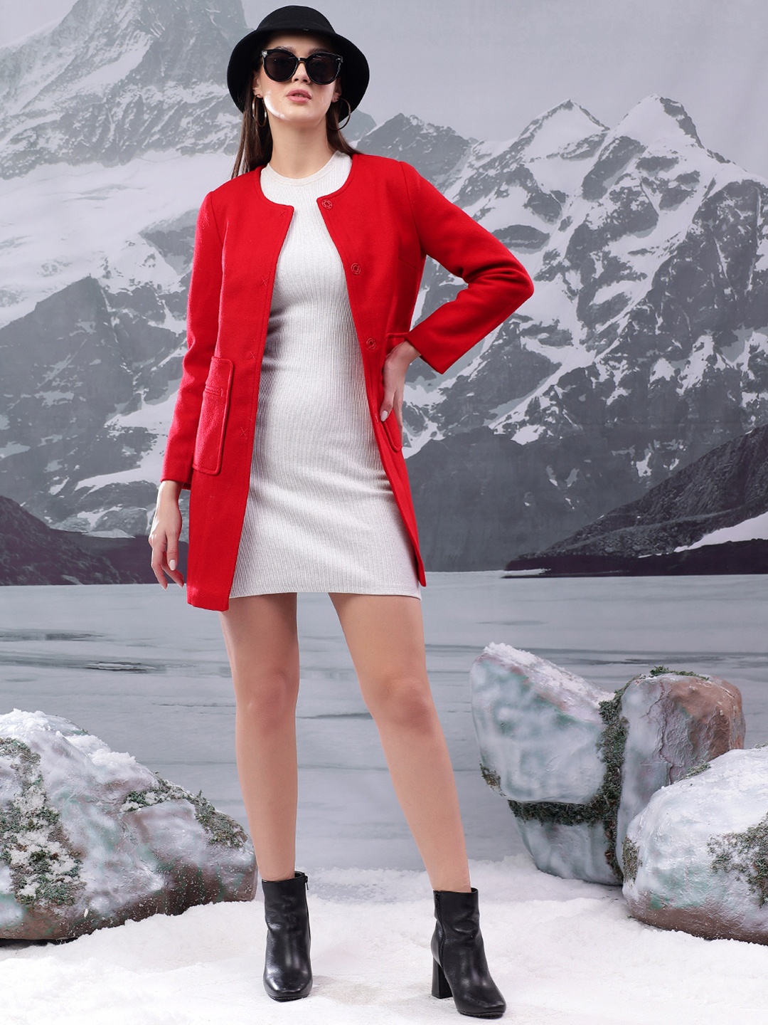 

Kotty Women Cotton Mandarin Collar Overcoat, Red