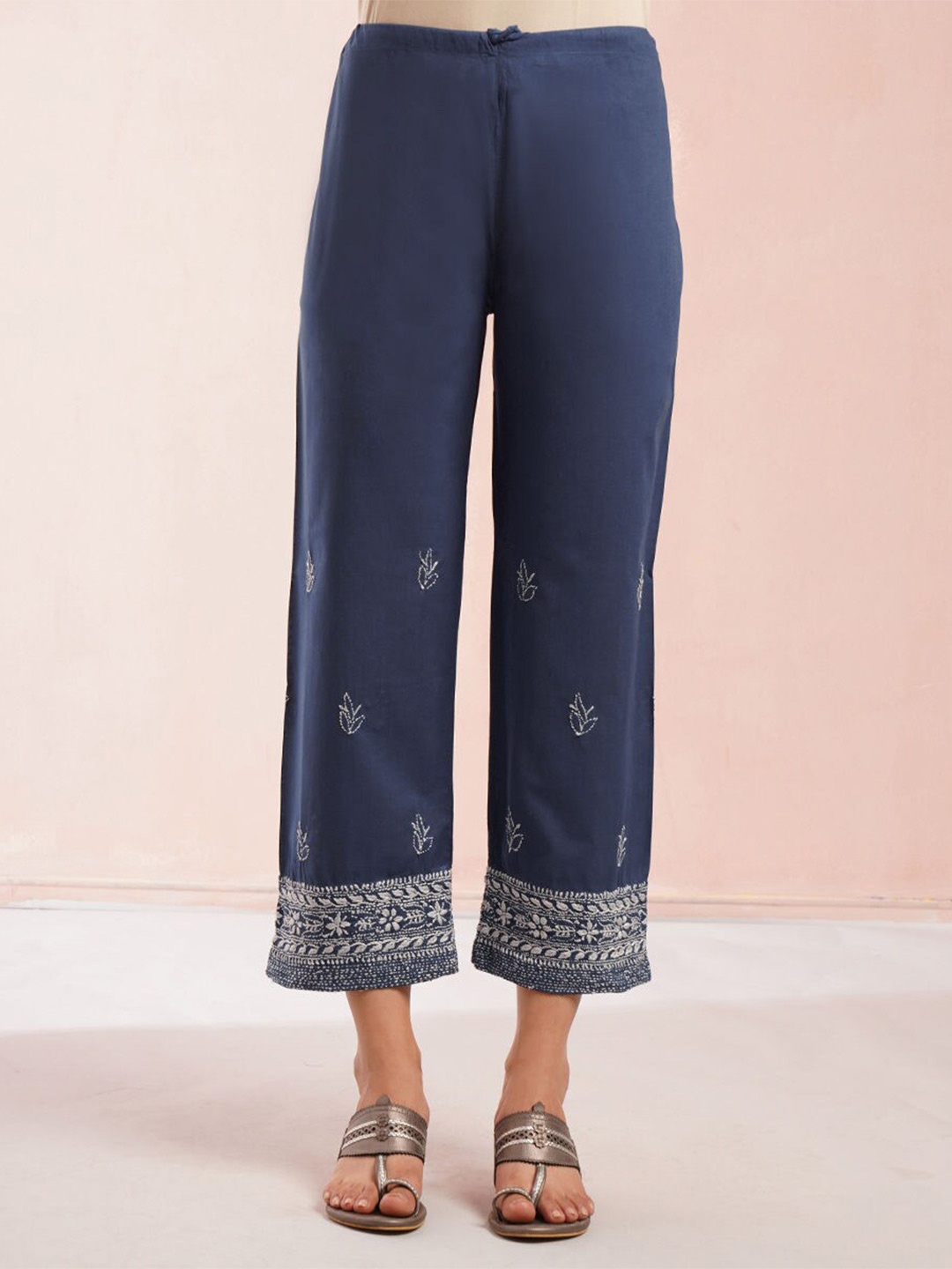 

JAYPORE Women Cotton Ethnic Motifs Embroidered Relaxed Trousers, Blue