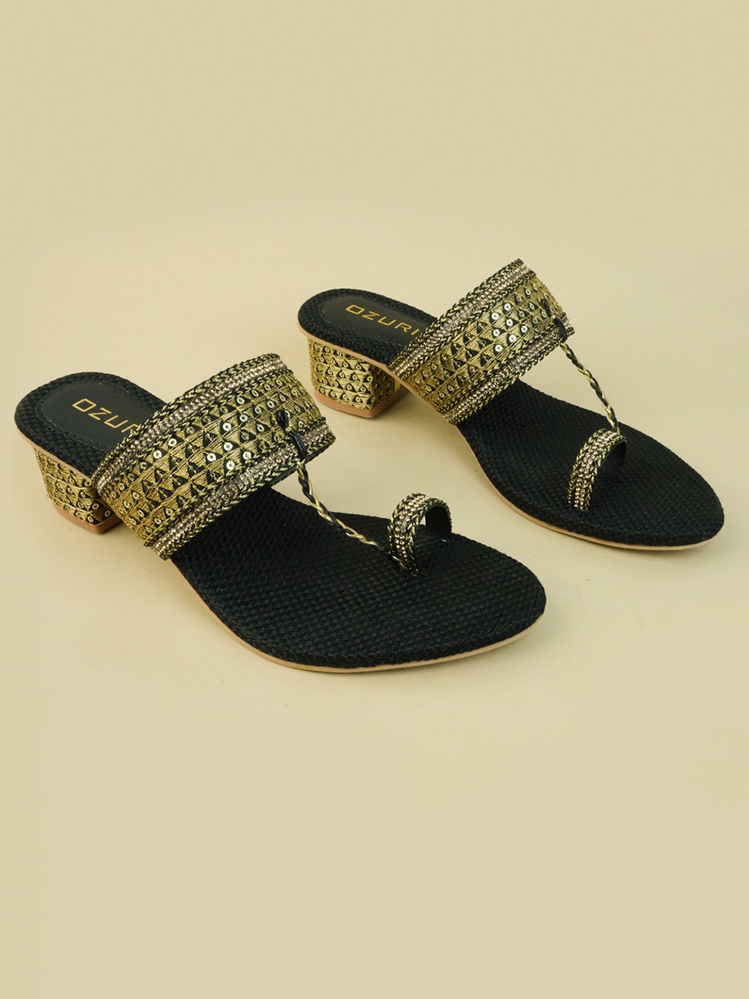

Ozuri Jute Kolhapuri Block Heel Sandals, Black