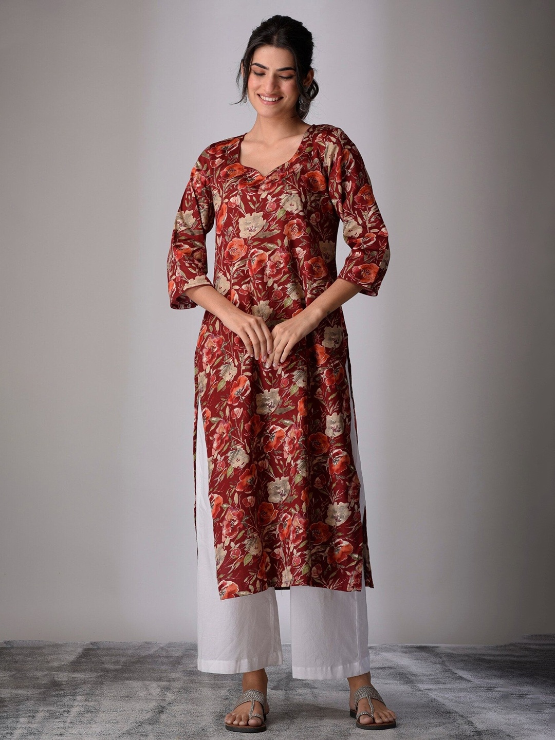 

DIMPLE DESIGN STUDIO Floral Printed Sweetheart Neck Cotton Straight Kurta, Red