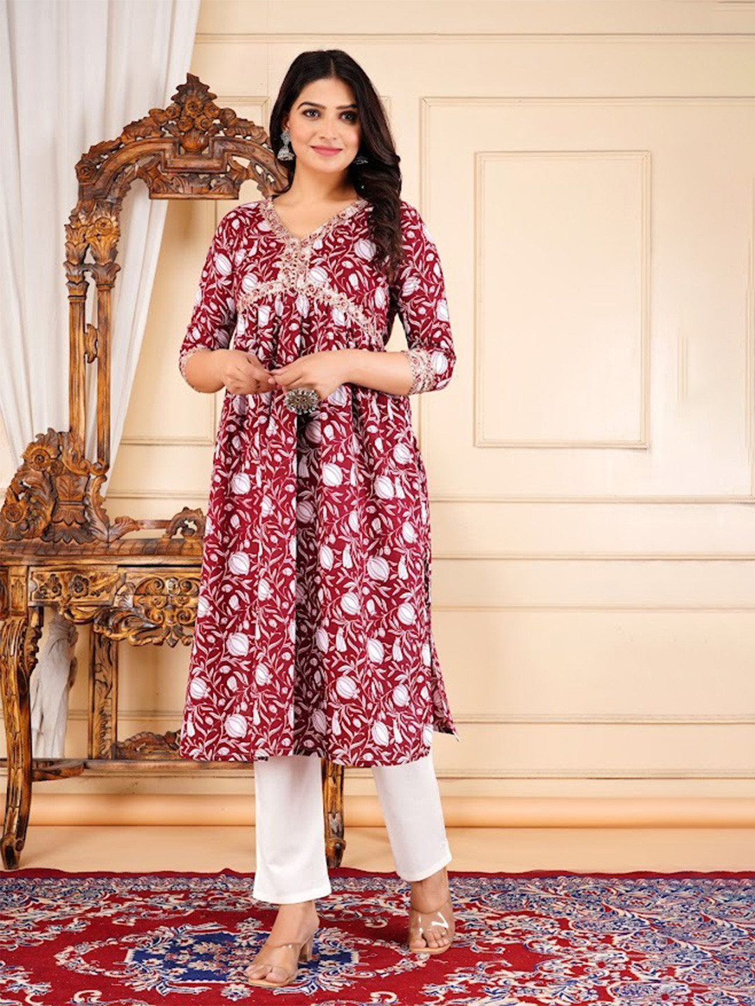 

SUBHLAXMI FASHION Floral Printed Thread Work Pure Cotton A-Line Kurta with Trousers, Maroon