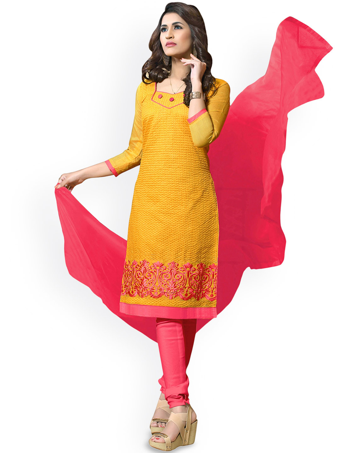 

Maroosh Floral Embroidered Cotton Unstitched Dress Material, Yellow