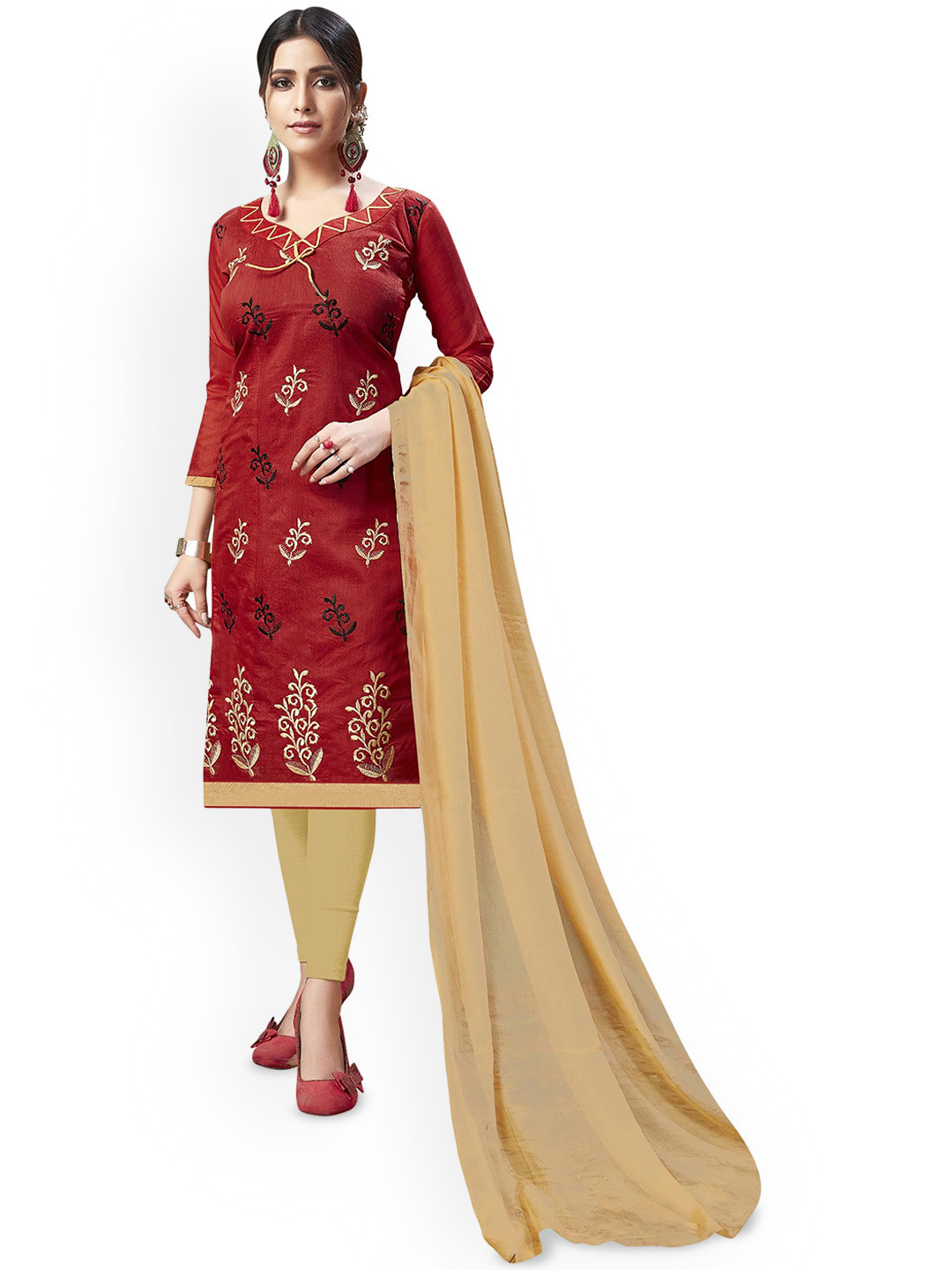

Maroosh Floral Embroidered Unstitched Dress Material, Red
