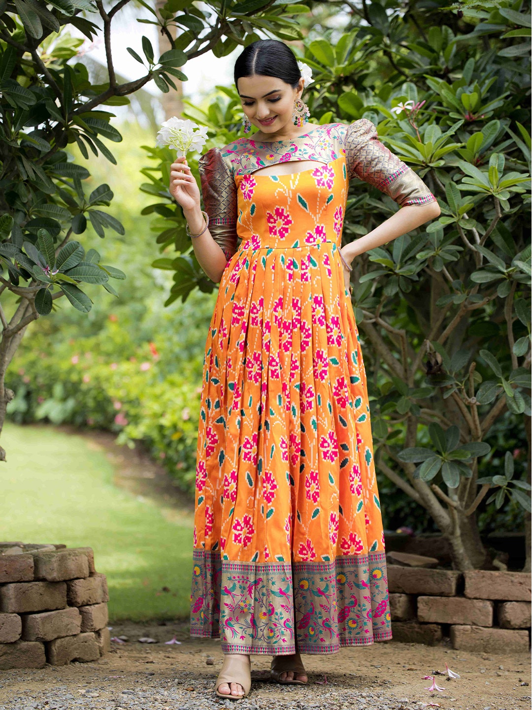 

DEVATITHI Women Printed Gown Maxi Ethnic Dresses, Orange